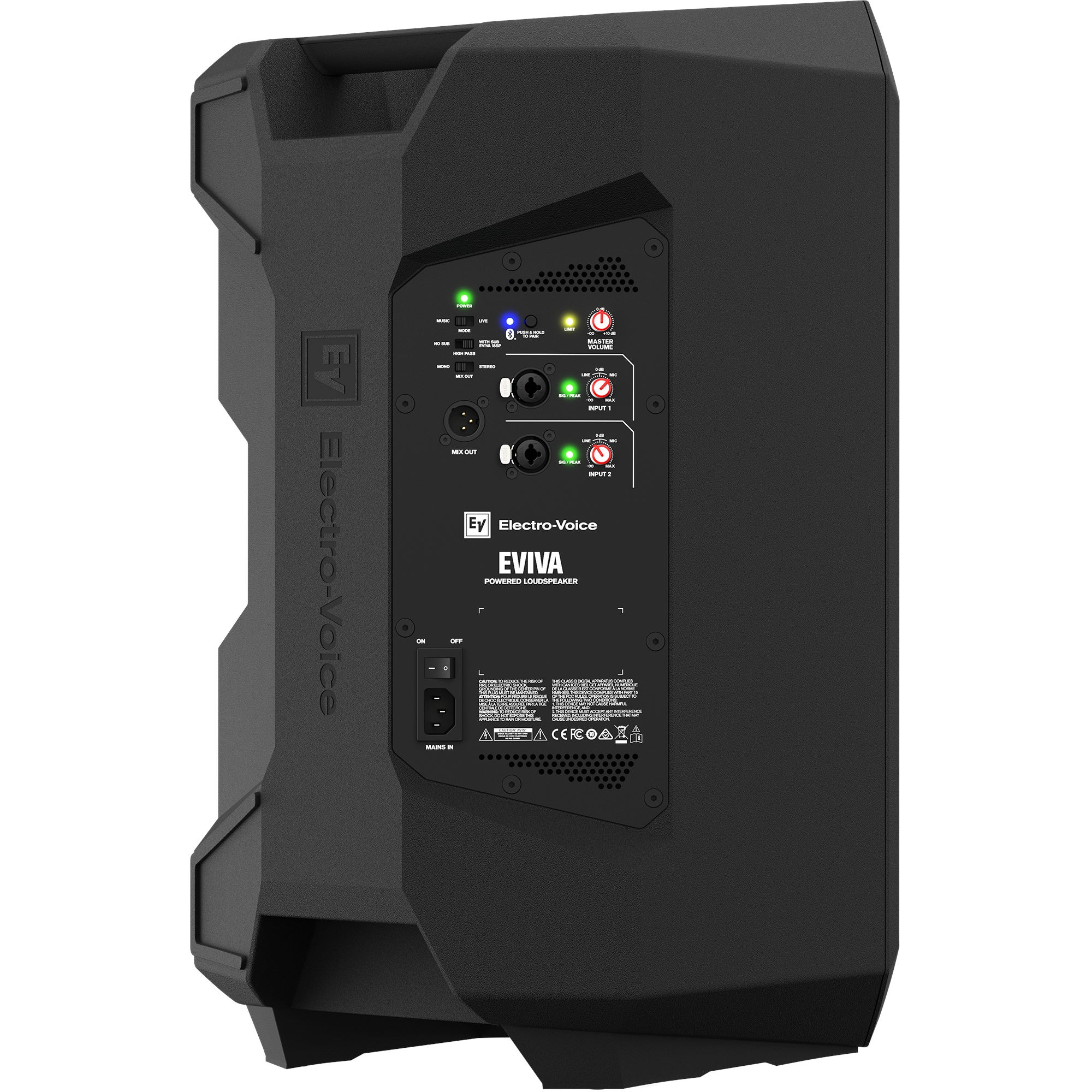 Black Electro-Voice EVIVA powered loudspeaker with controls and connections.