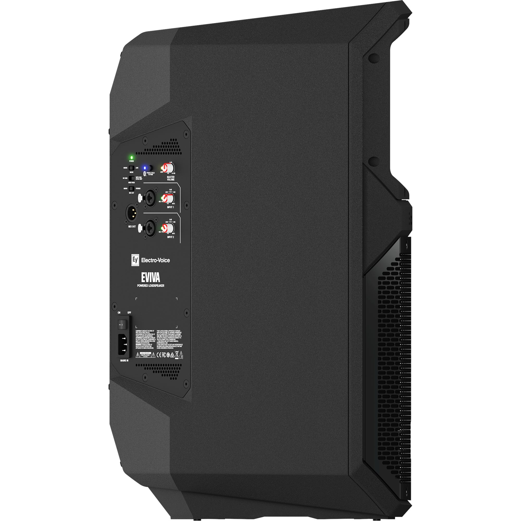 Black speaker with ports: Power, Master Volume, Input 1/2, Mix Out.
