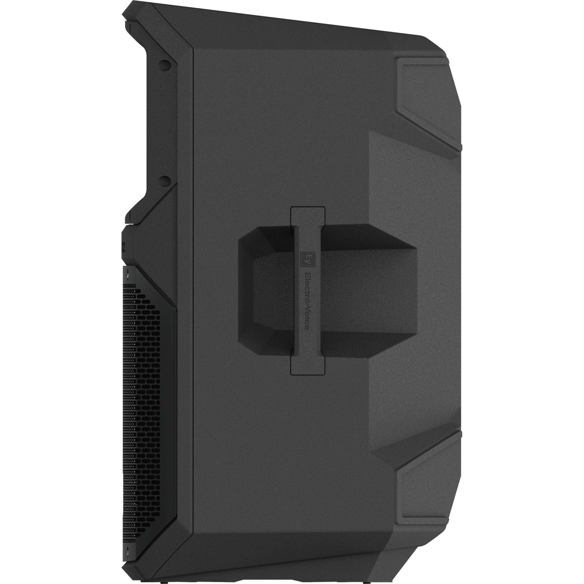 Black speaker with handle and grille on a white background.