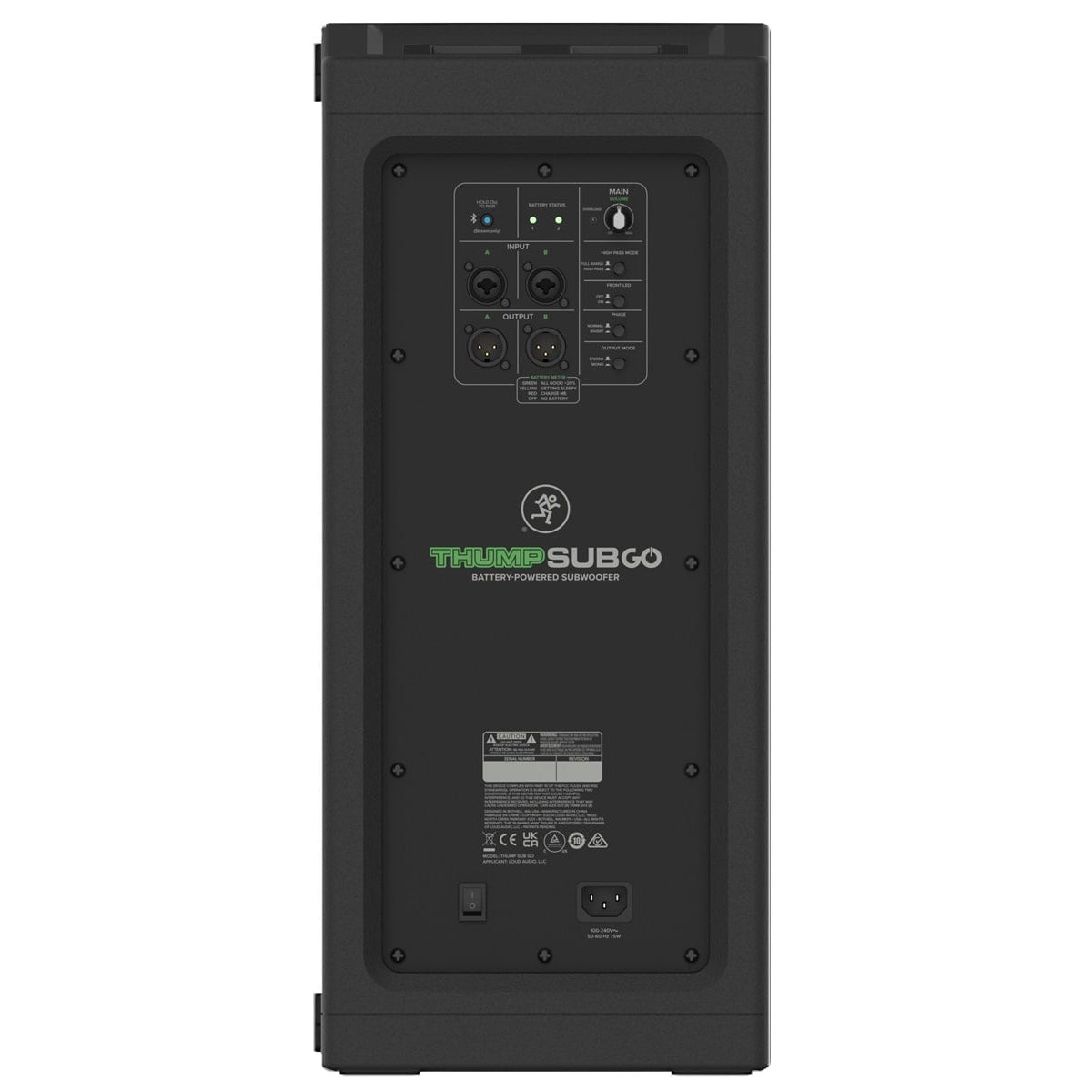 Achterpaneel van een zwarte Mackie Thump GO batterij-aangedreven subwoofer met ingangen en uitgangen.