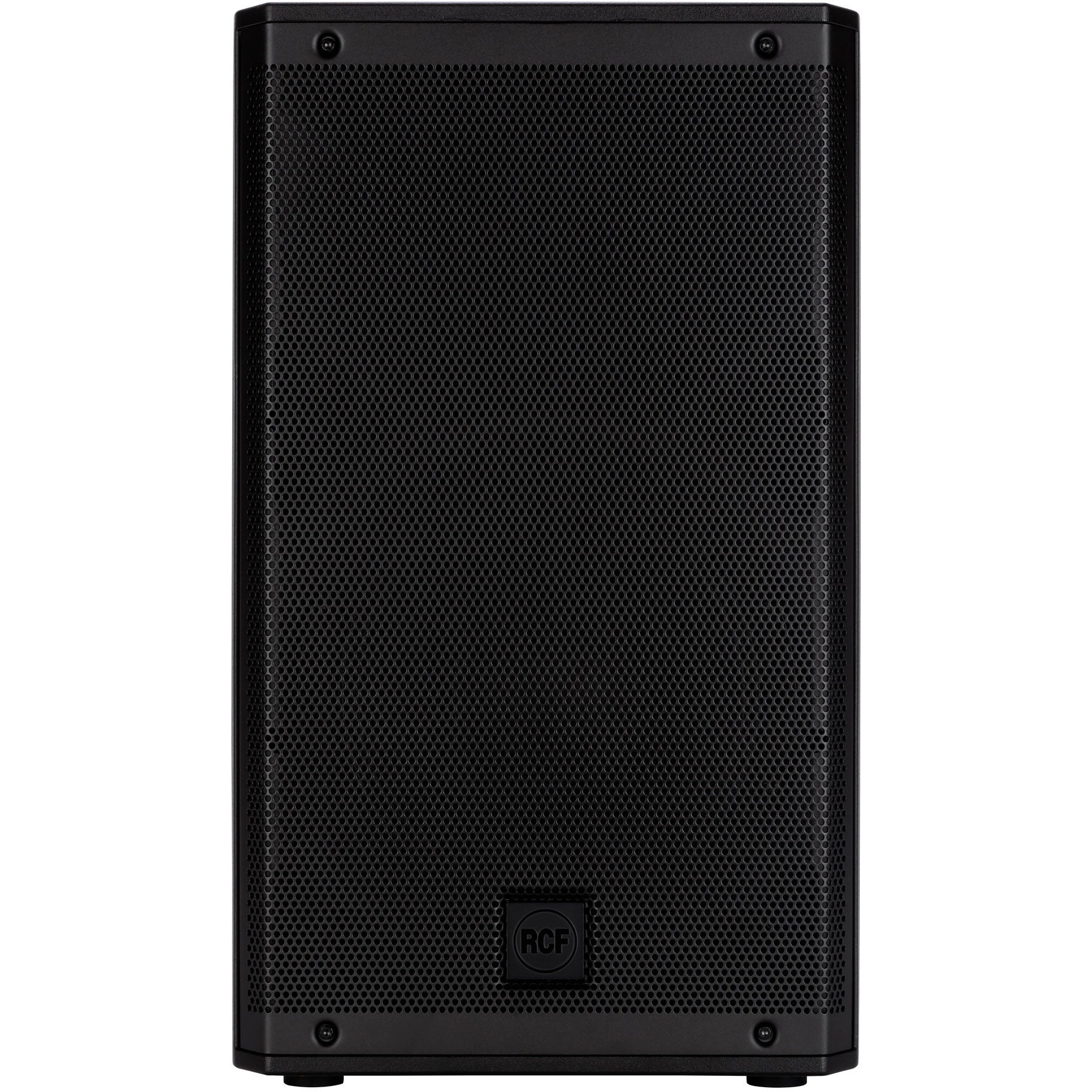 Black speaker with RCF logo on a white background.
