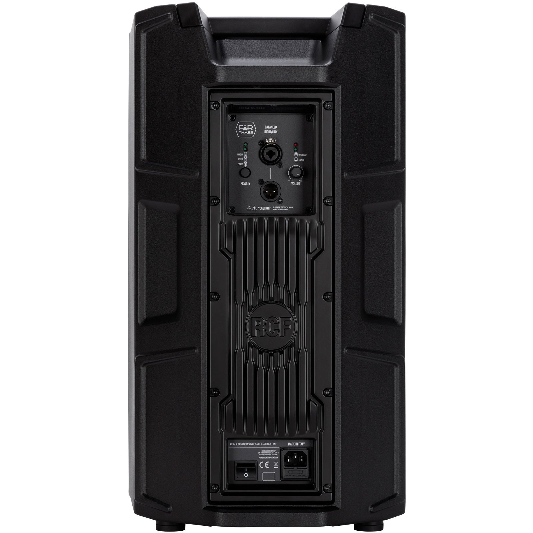 Back of a black RCF speaker with ports, knobs, and logo.
