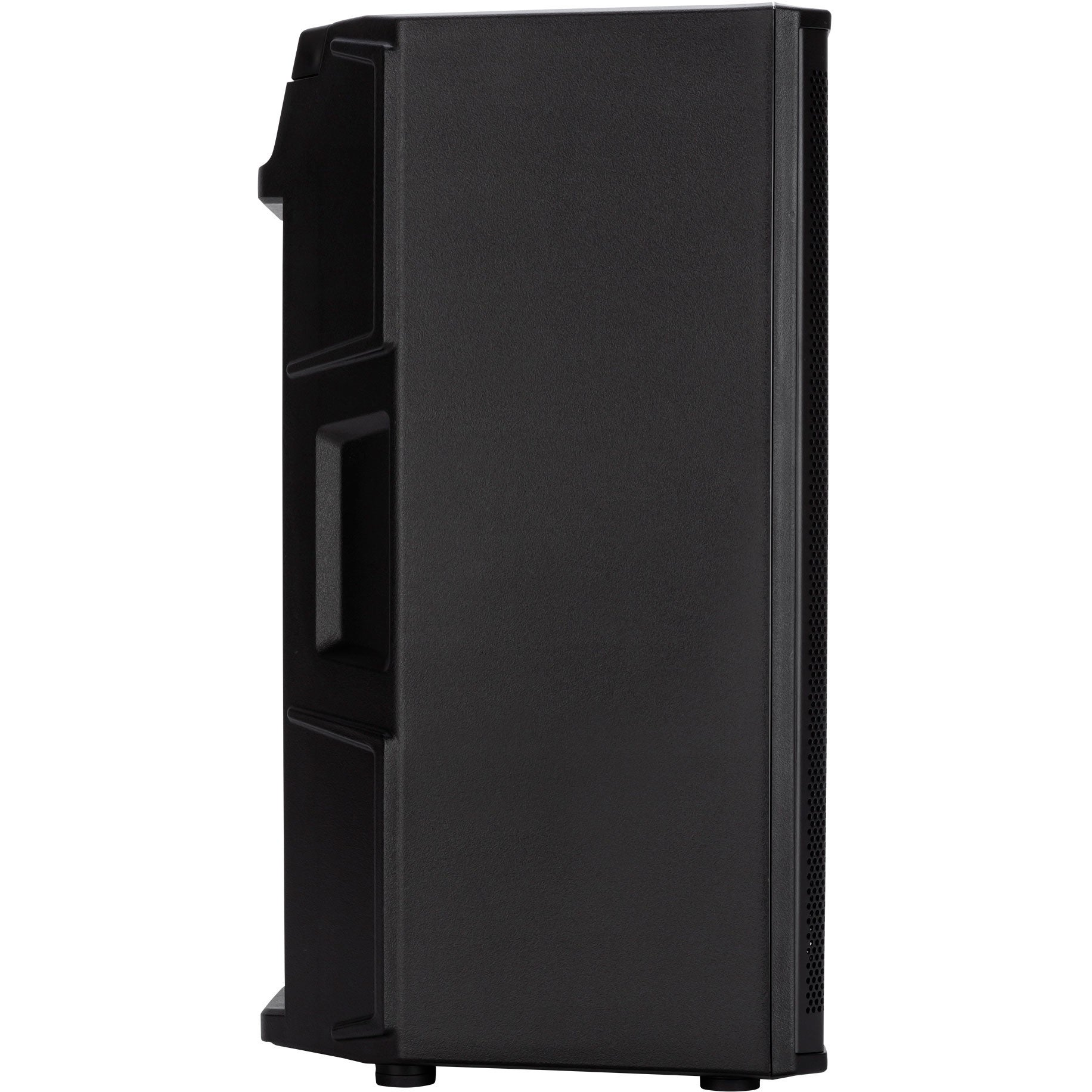 Black speaker from the side with handle and grille.
