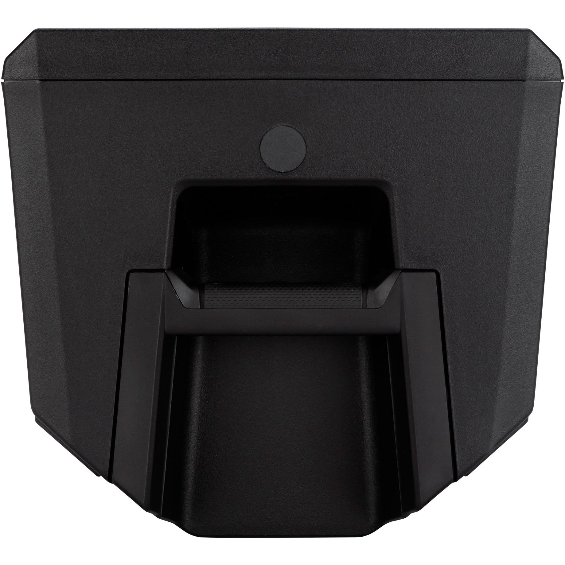 Black box with a recessed handle and a circular button.