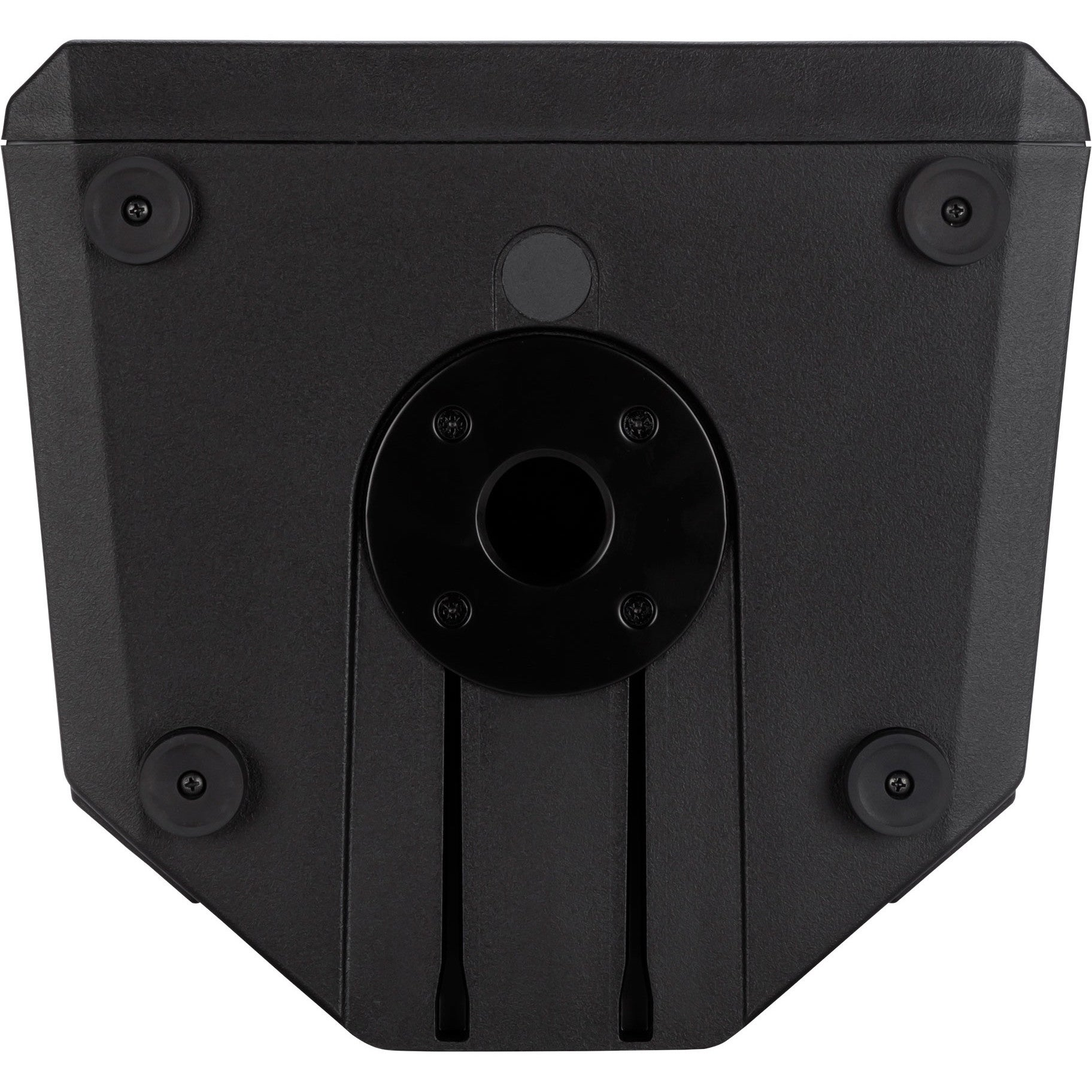 The bottom of a black speaker with a central mounting flange.