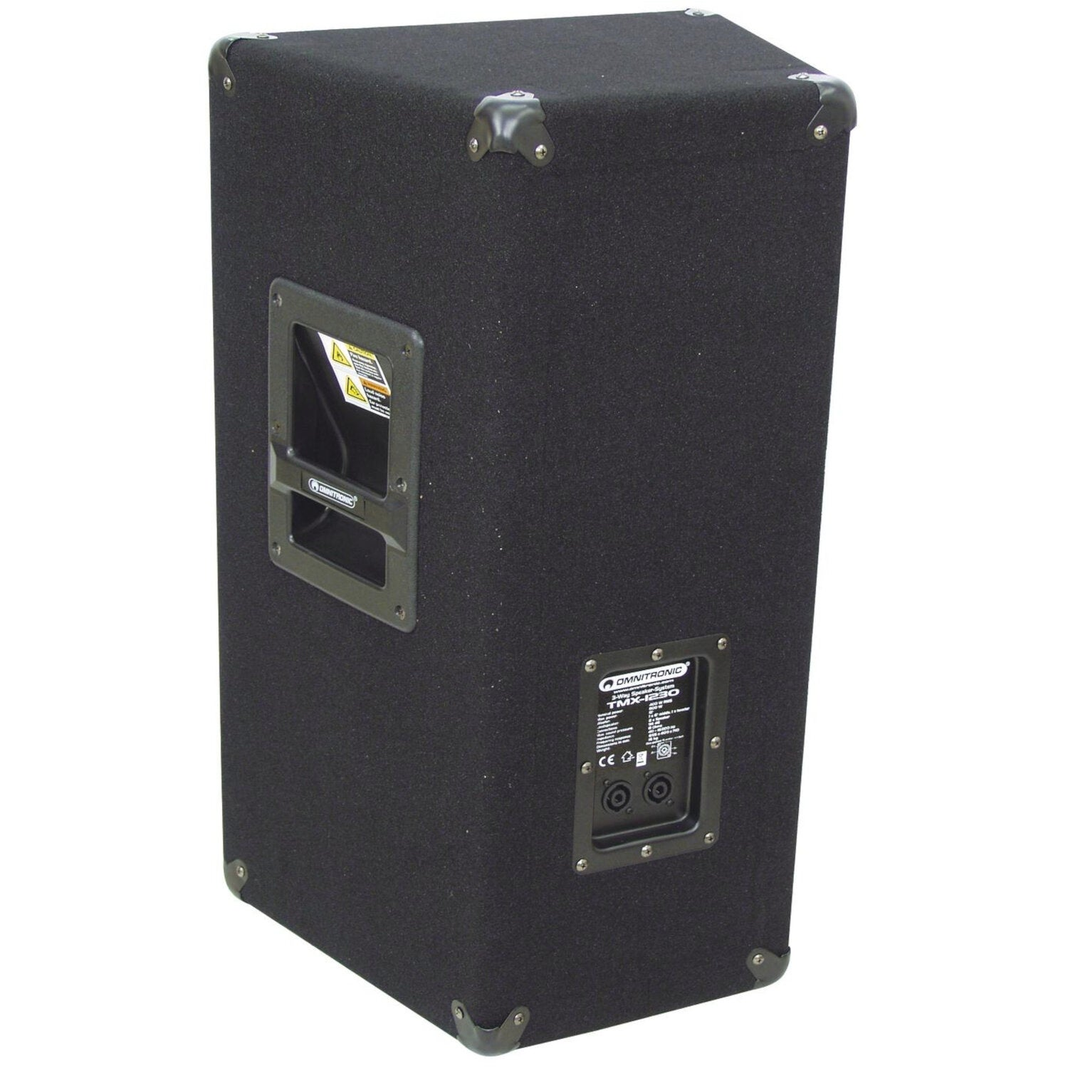 Sistema di altoparlanti a 2 vie Omnitronic nero TMX-1230 con angoli metallici e jack di ingresso.