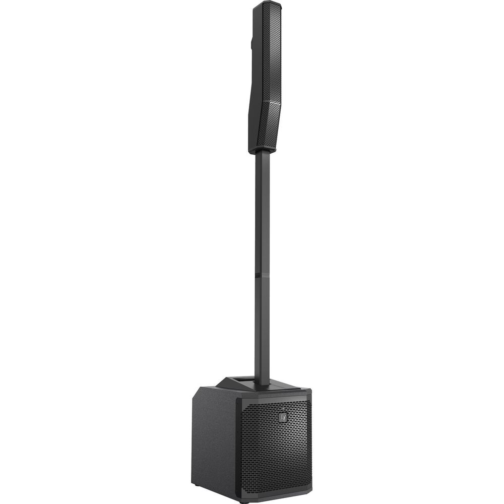 Een hoog, zwart, modern luidsprekersysteem met subwooferbasis en verticale kolom.