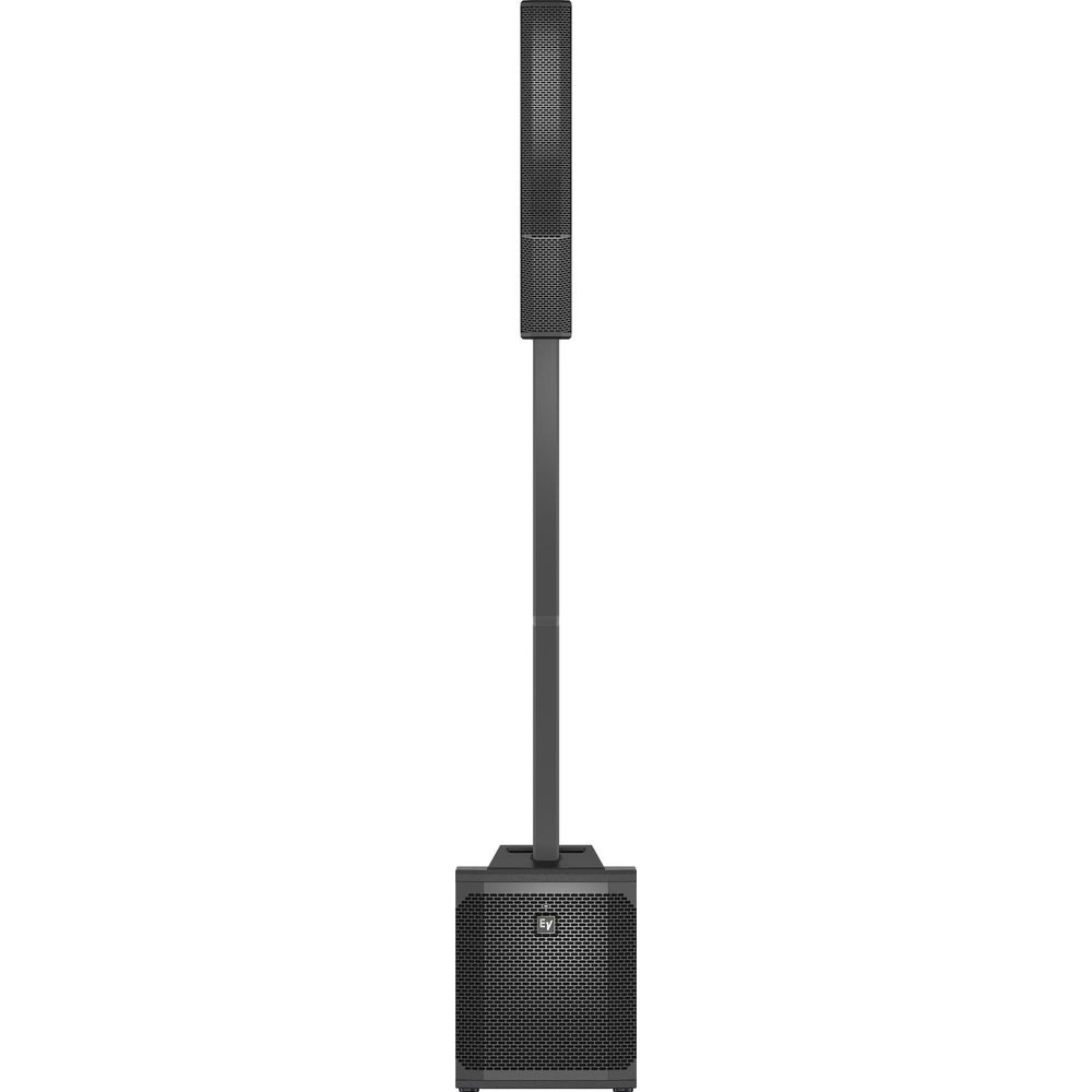 Een zwarte kolomluidspreker met subwoofer en hoge paal.