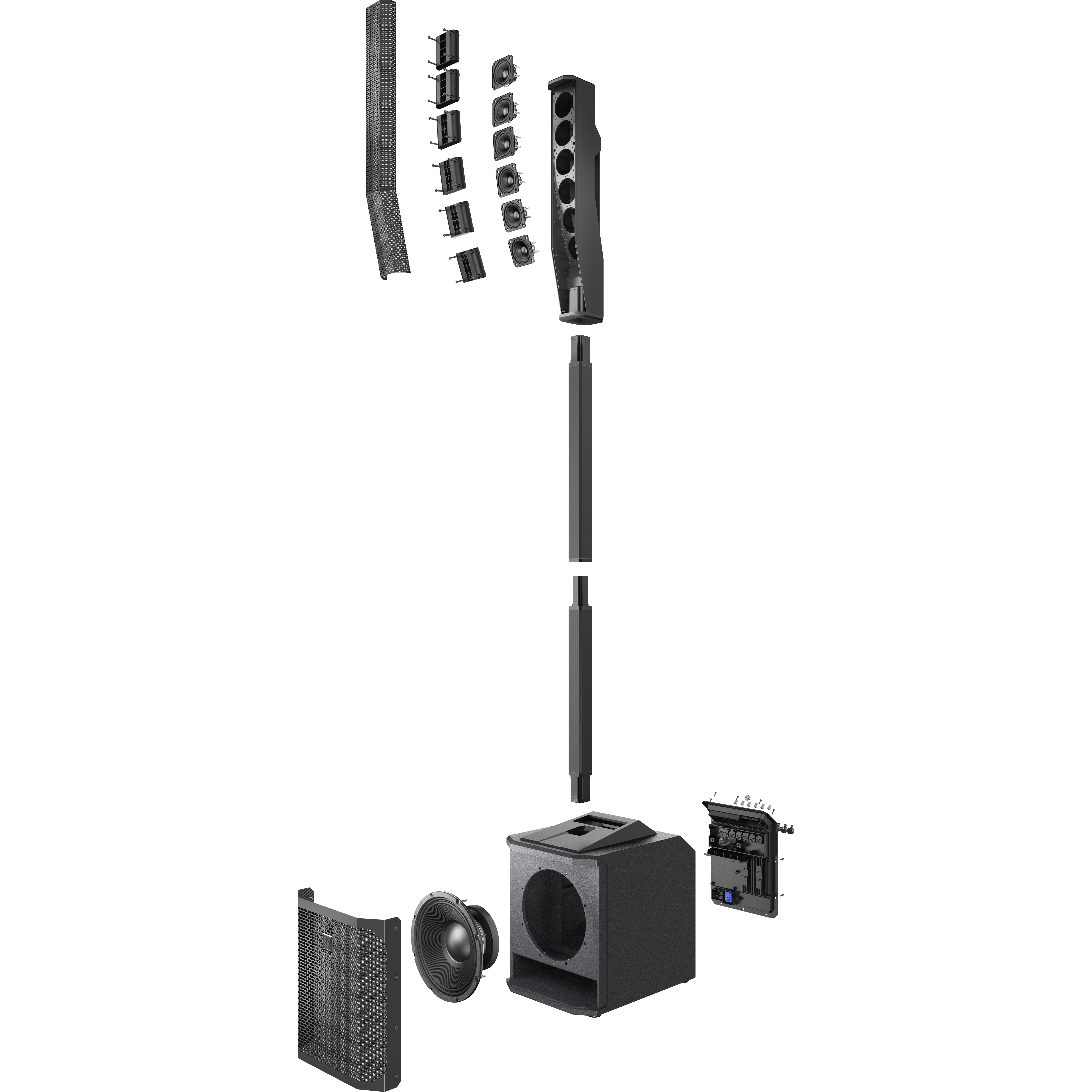 Exploded view van een line array luidsprekersysteem met subwoofer, palen en topmodules.