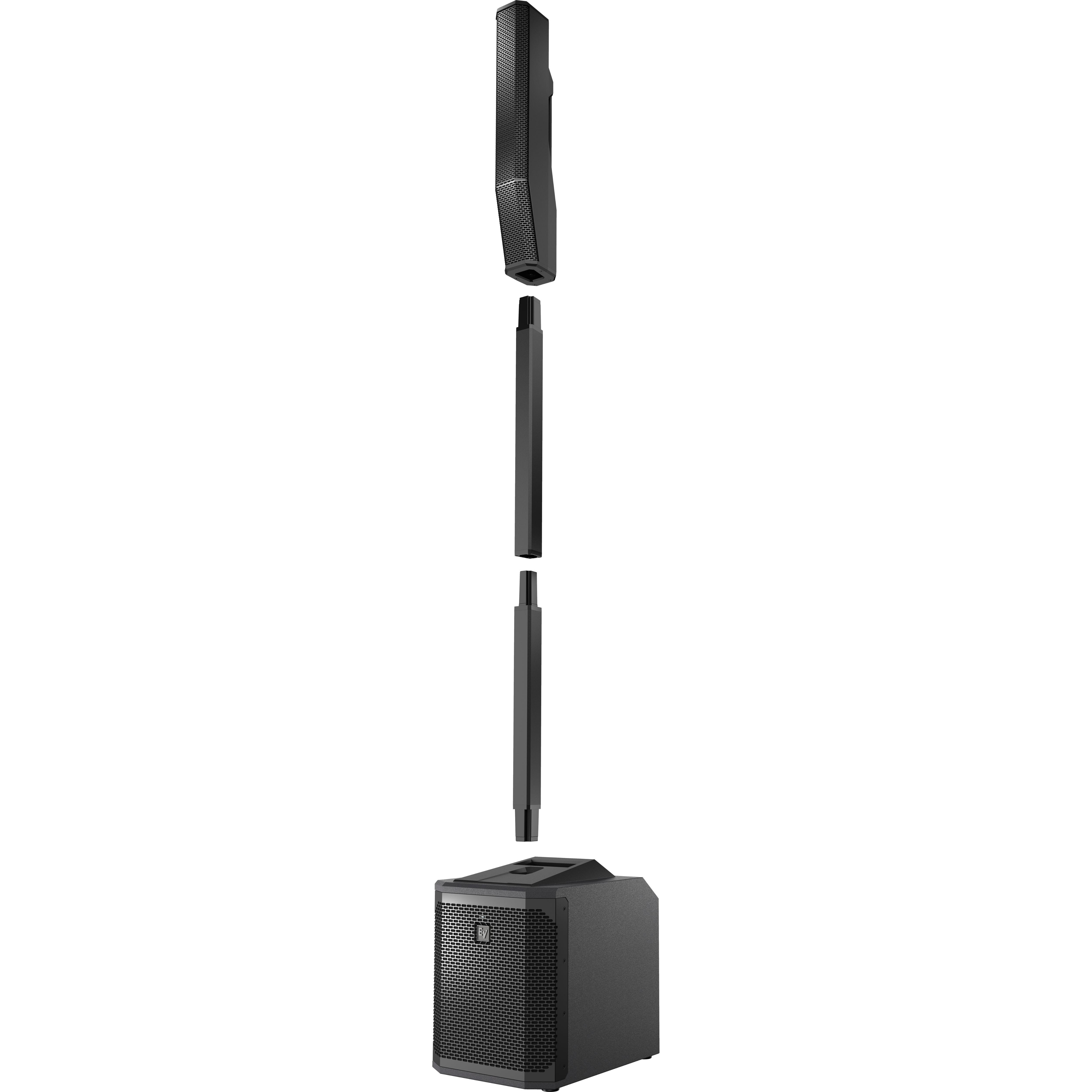 Een zwarte luidsprekerstapel met subwoofer, palen en een tofonderdeel.