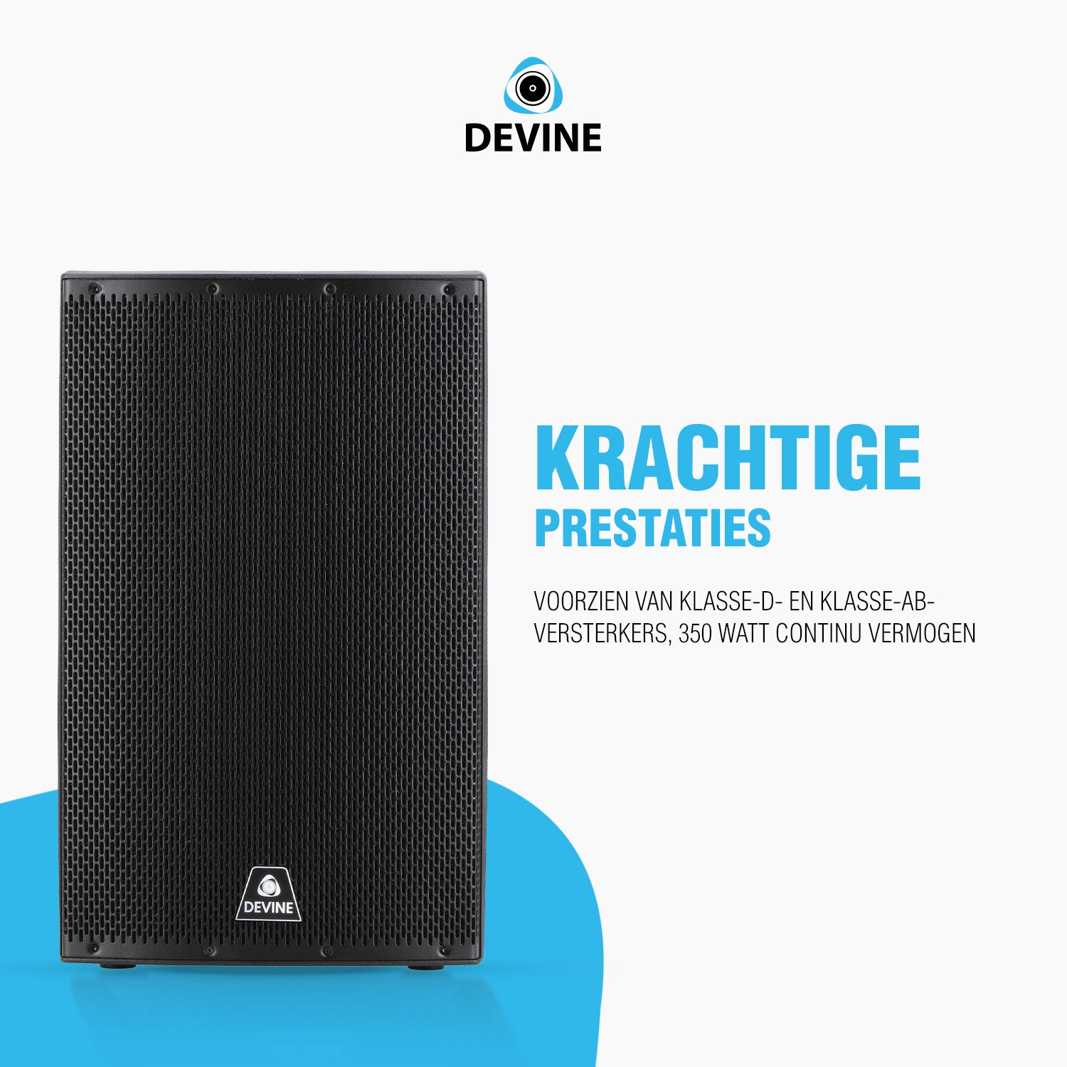 Black speaker with Devine logo and Dutch text.