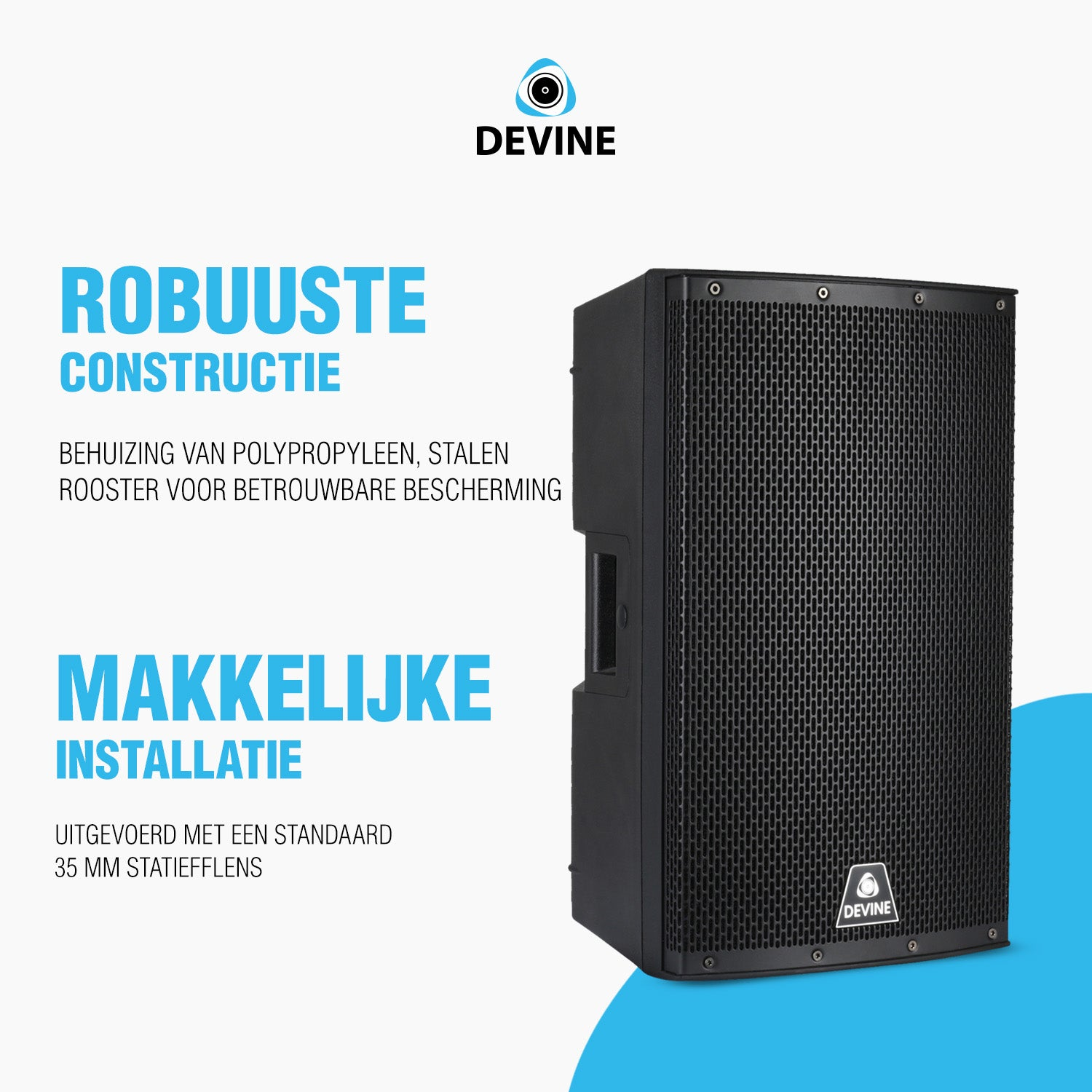 Black Devine speaker with robust housing and 35mm pole mount.