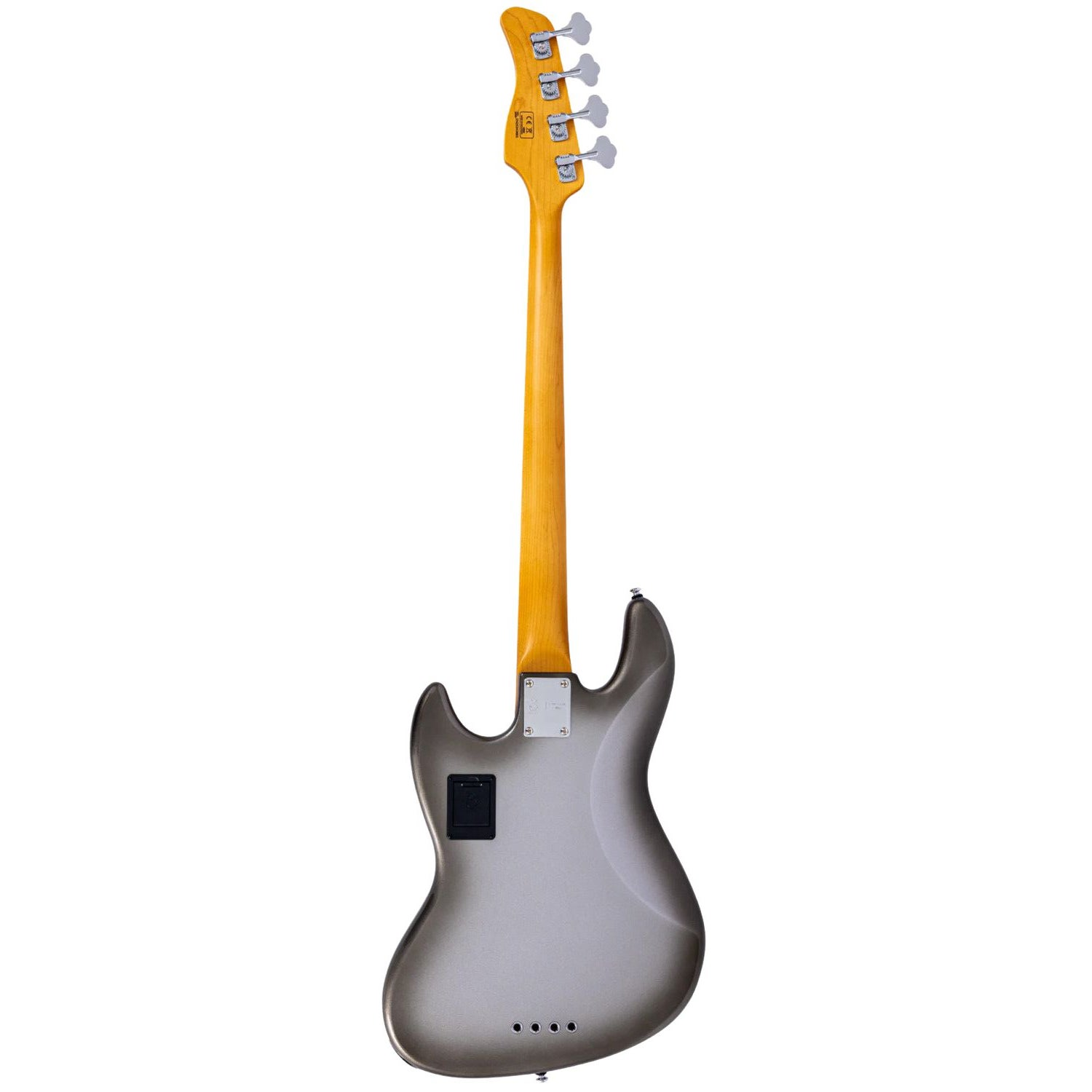 Achterkant van een zilveren elektrische basgitaar met een licht houten hals en vier stemknoppen.