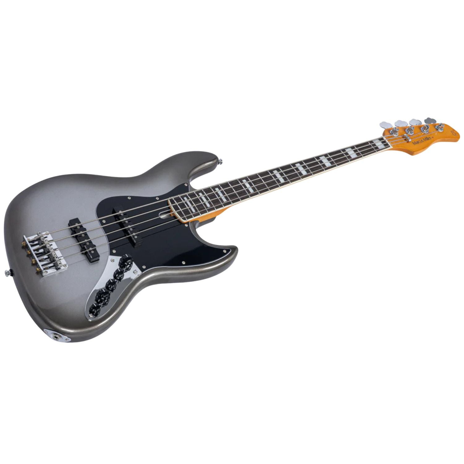 Een grijze elektrische basgitaar met een zwart slagplaat en chromen hardware.