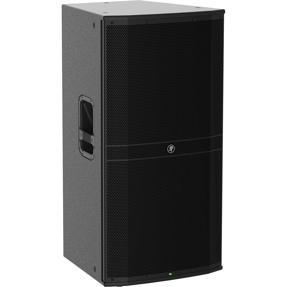 A black speaker with a grille and Mackie logo. White background.