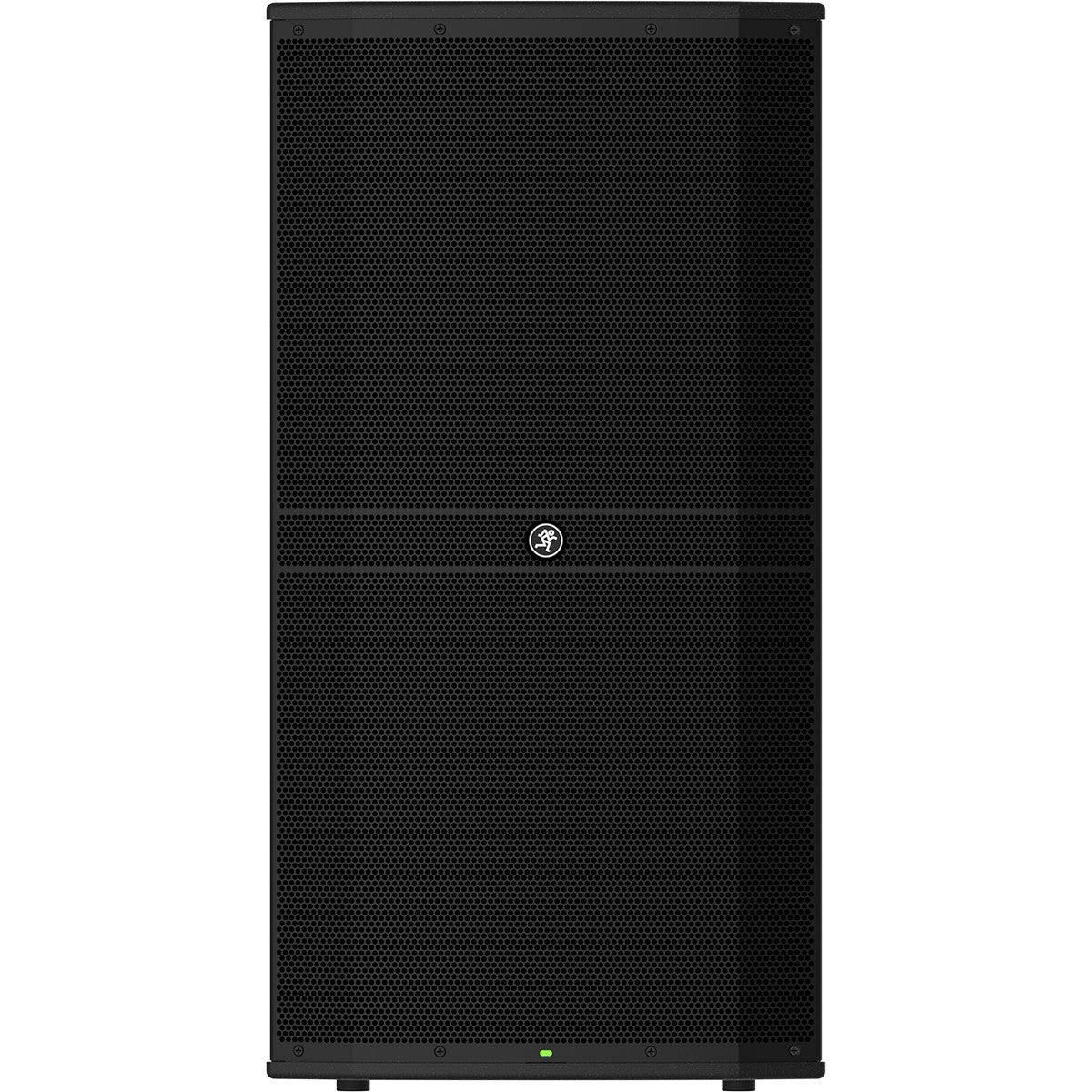 A black, rectangular speaker with a grille front and a logo in the center.
