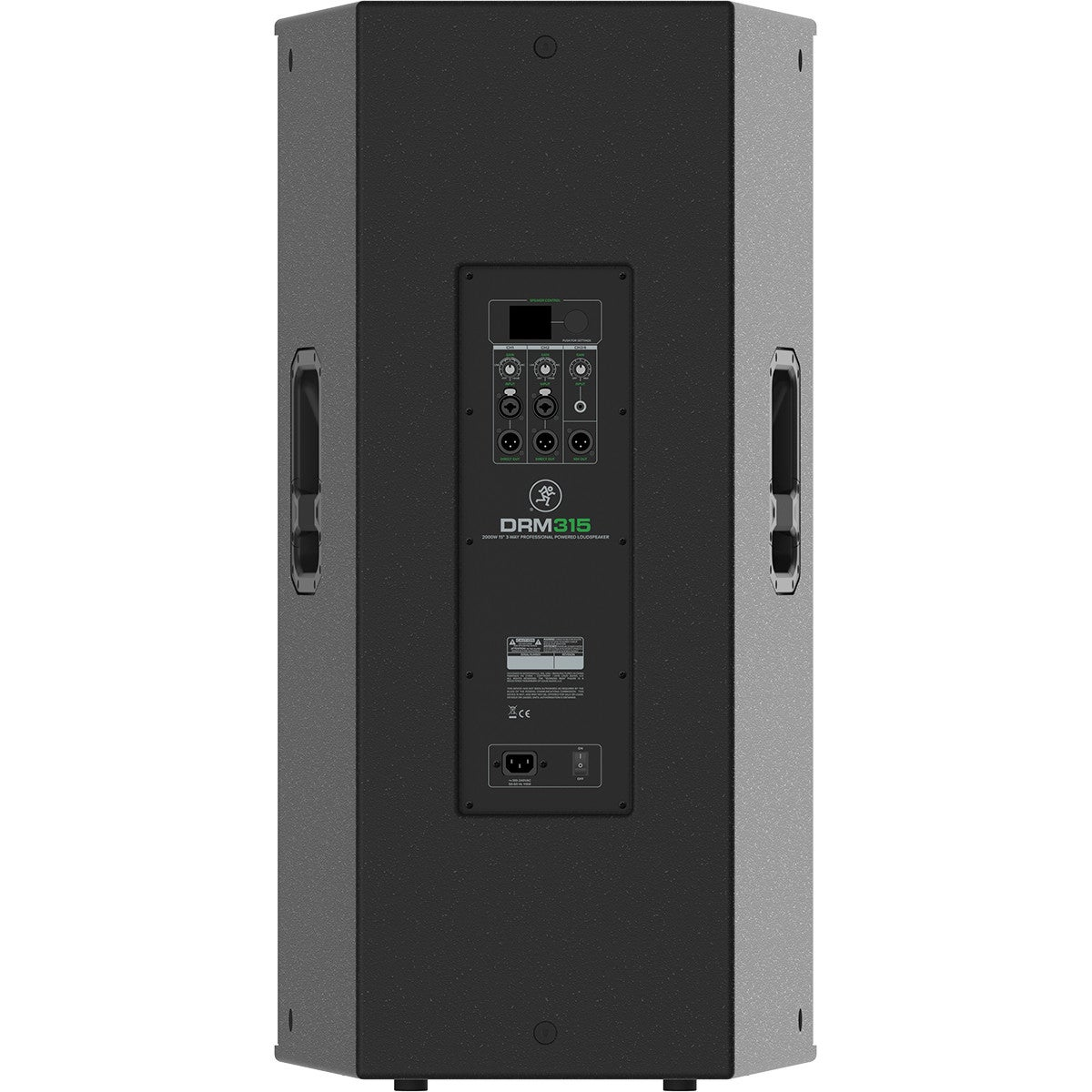 Black speaker with handles and a connection panel with knobs and jacks.