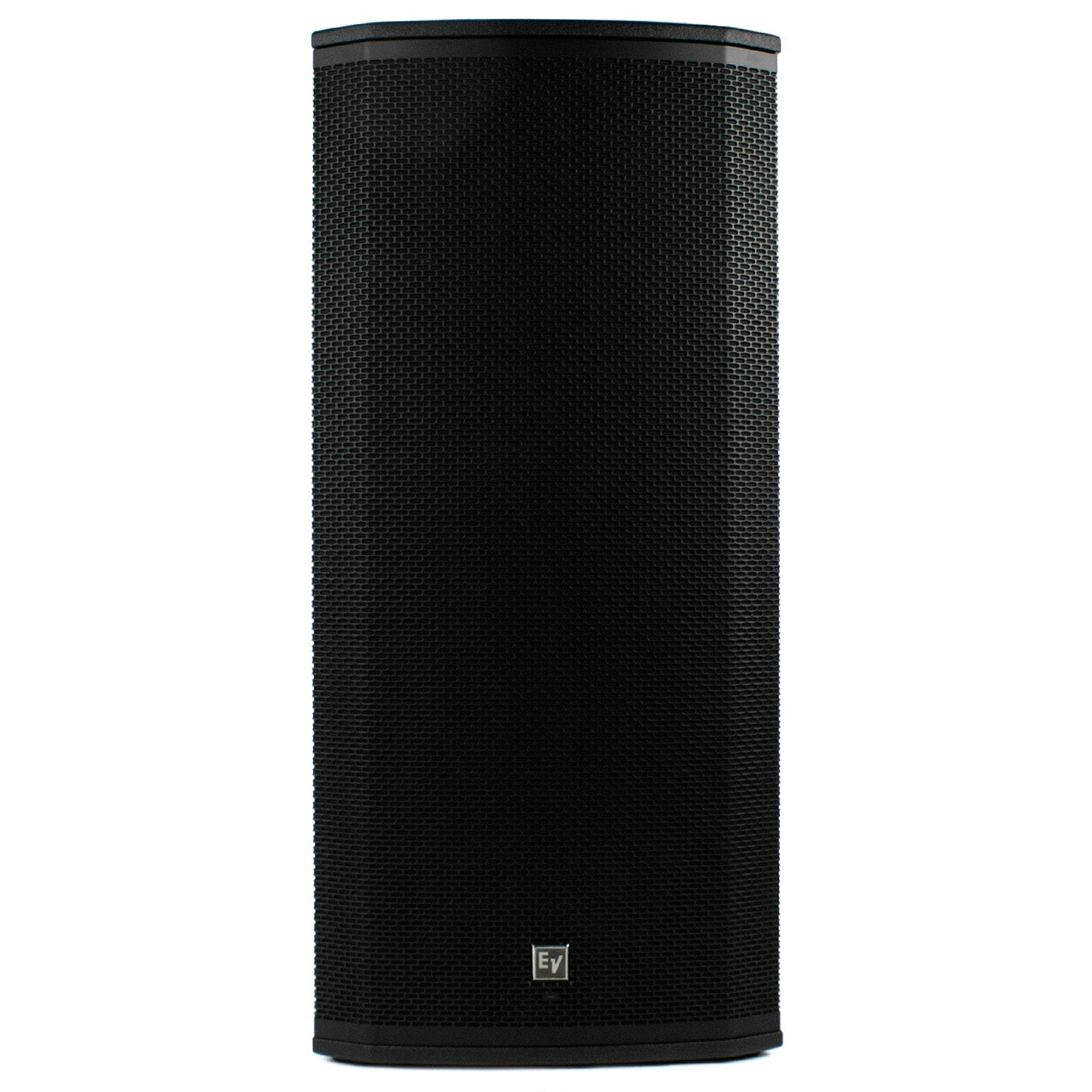 Black speaker with a silver EV logo on a white background.
