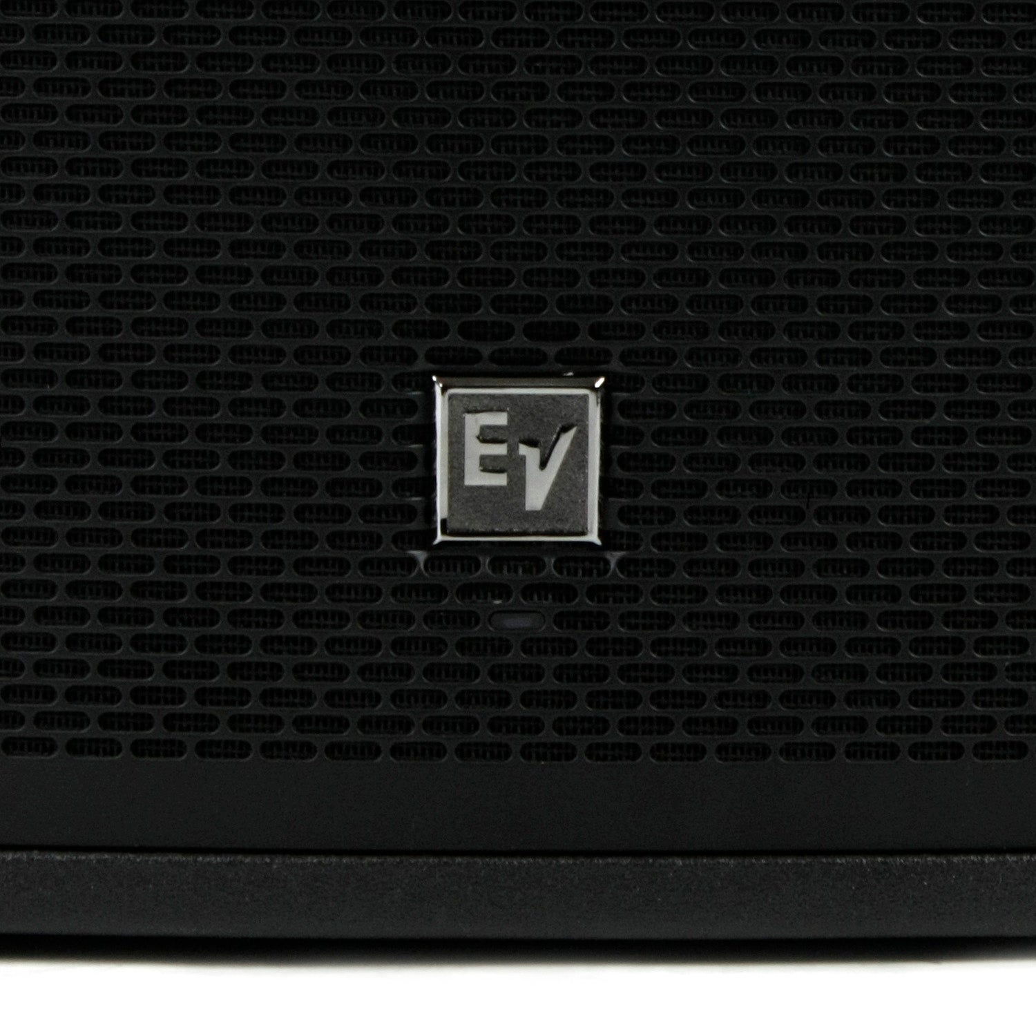 Black speaker with a silver EV logo in the center.