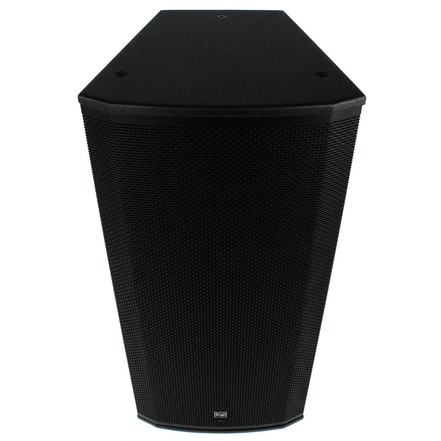 Black speaker with a grille front and EV logo, isolated on a white background.