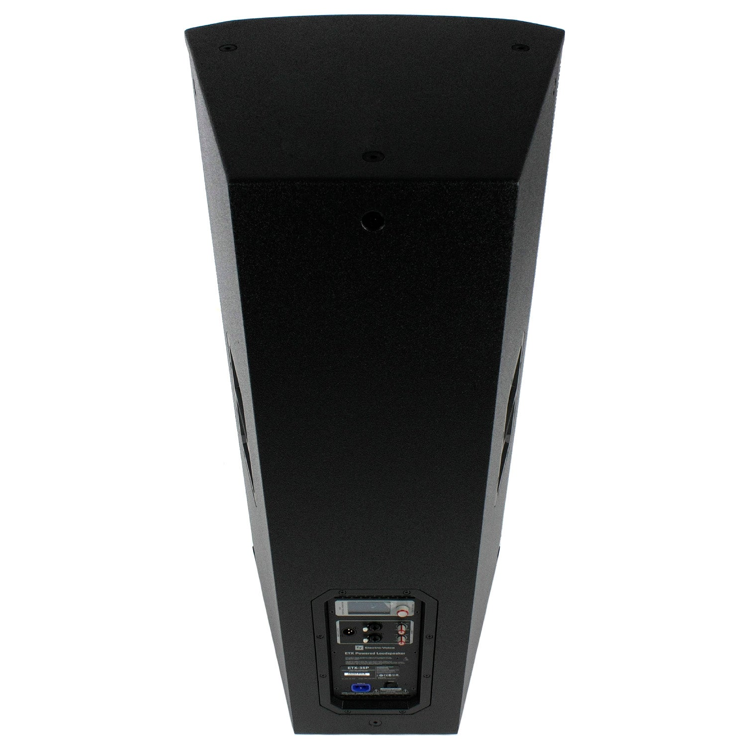 A black speaker on a white background, with its rear panel showing connectors.