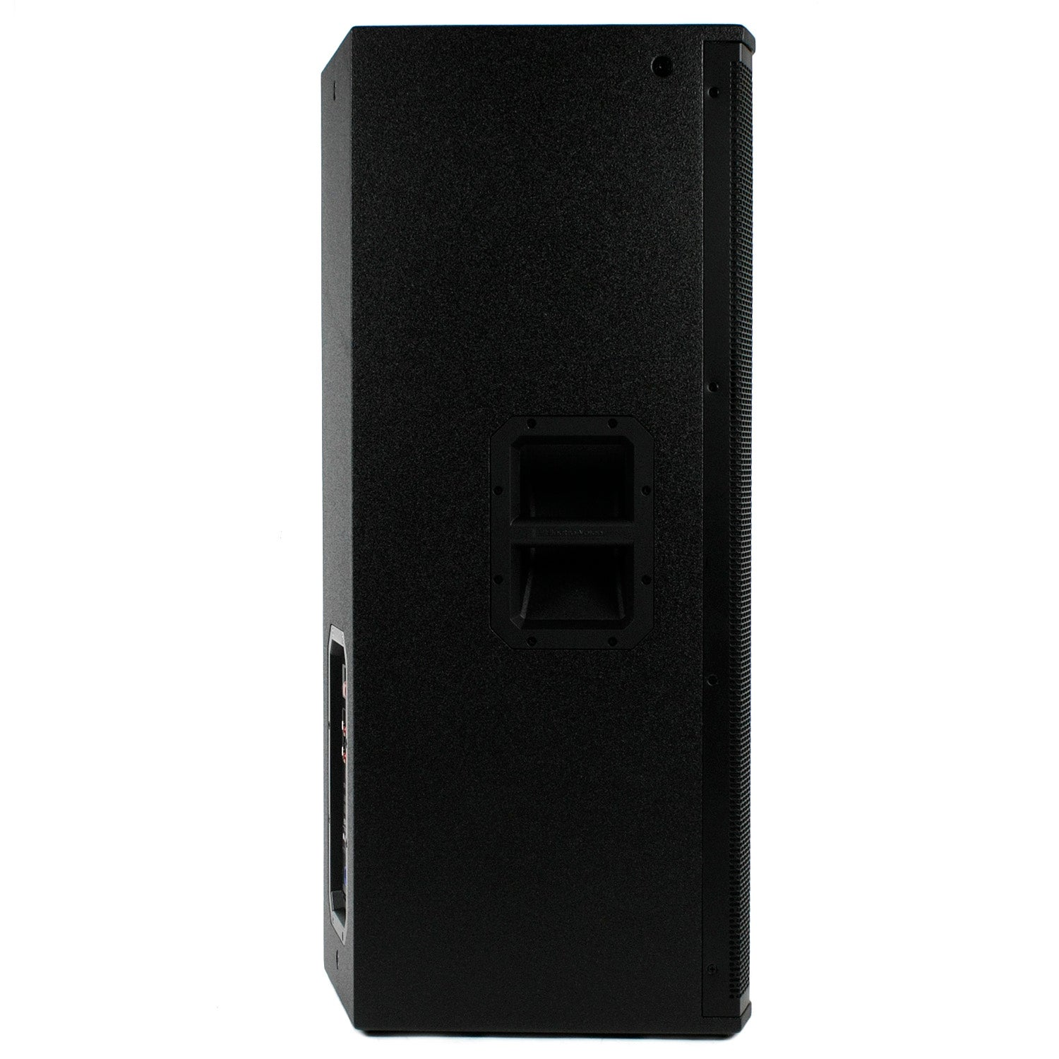 Black speaker shown from the side, featuring a handle and connectors.