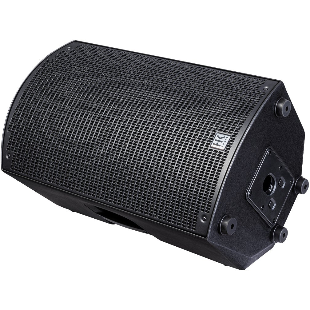 Black speaker with metal grille and HK Audio logo, viewed from the side.