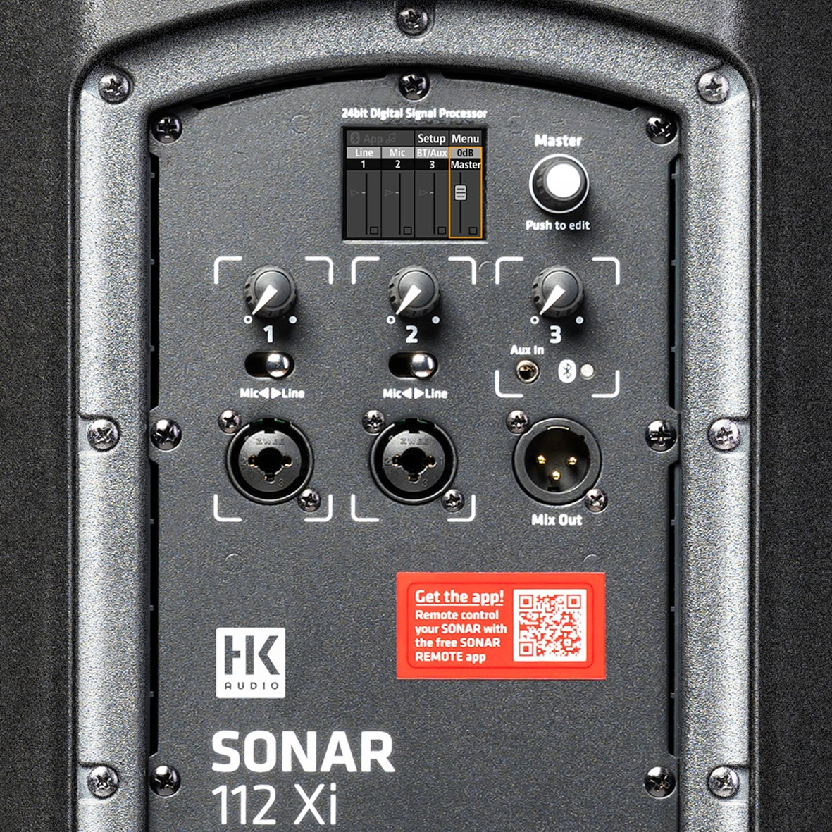 Close-up of a speaker's control panel with knobs, ports, and a digital display.