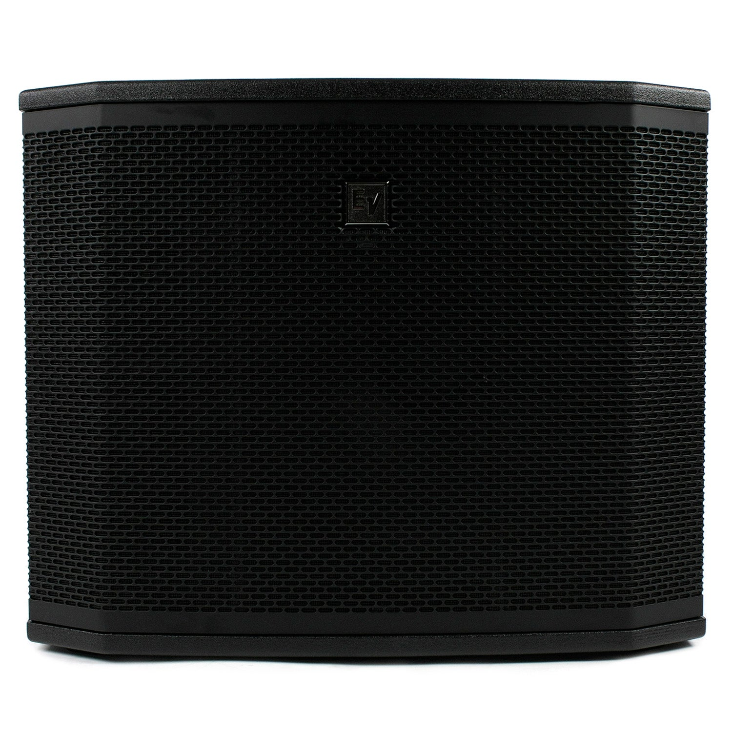 Black subwoofer with EV logo on the grill.