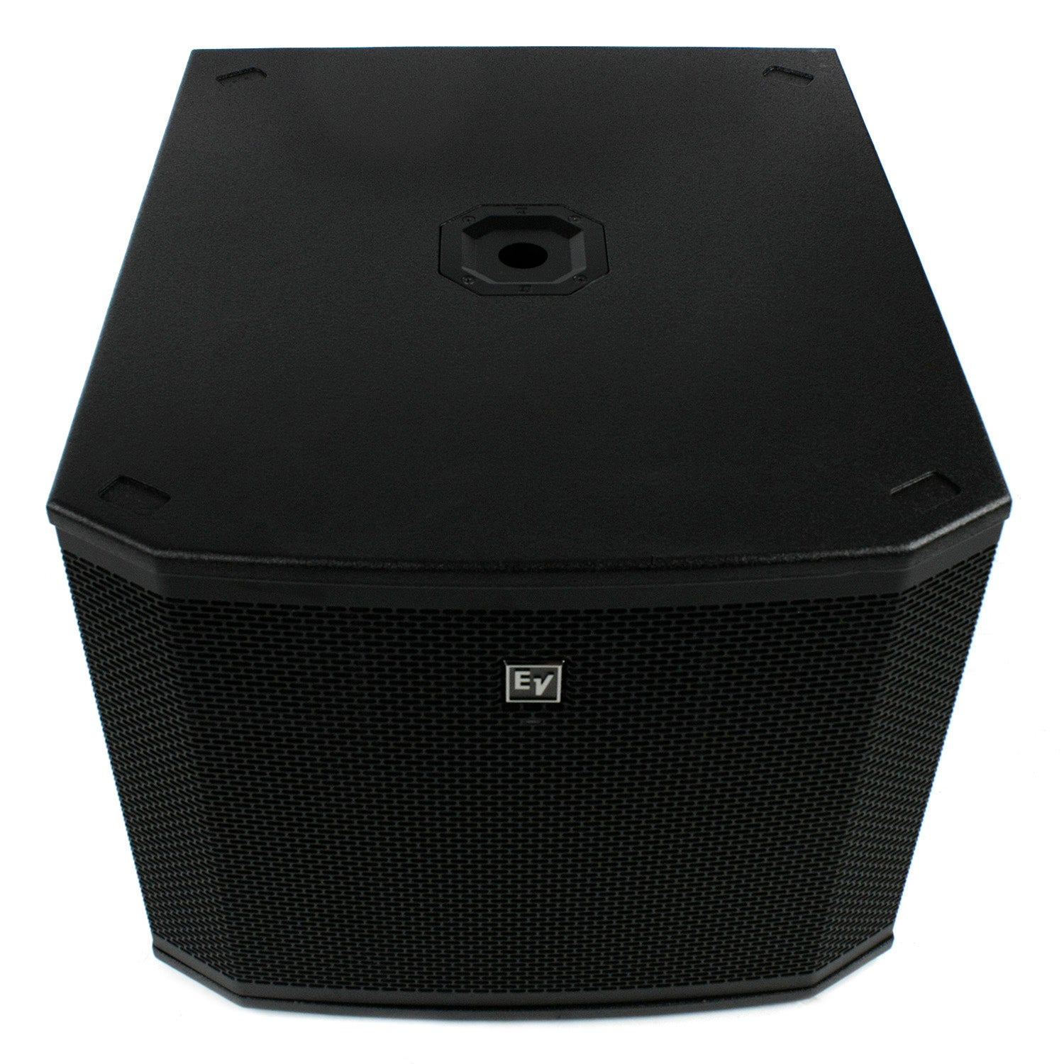 A black subwoofer with an EV logo on the front.