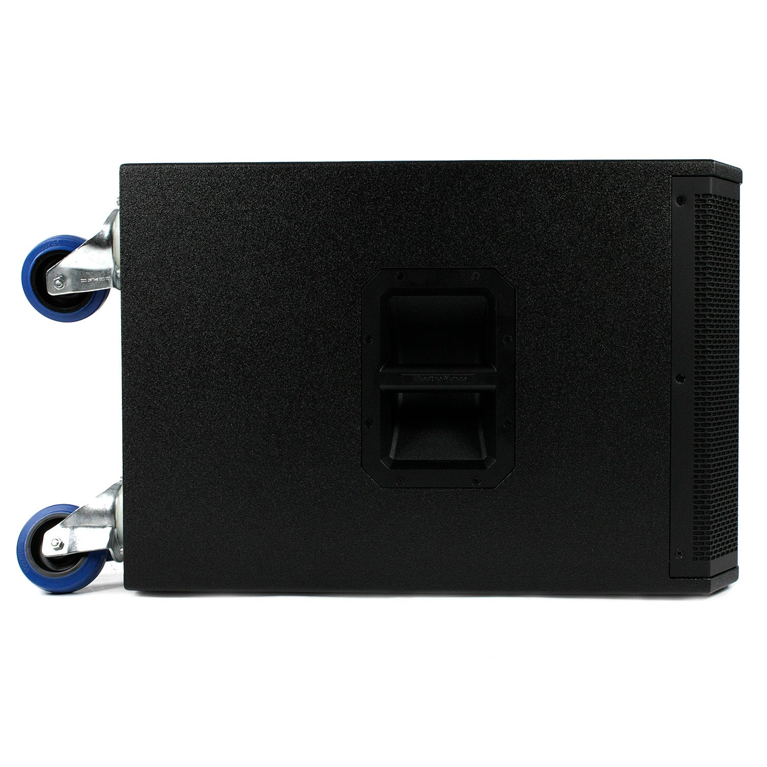 Black speaker with blue wheels and handles on a white background.