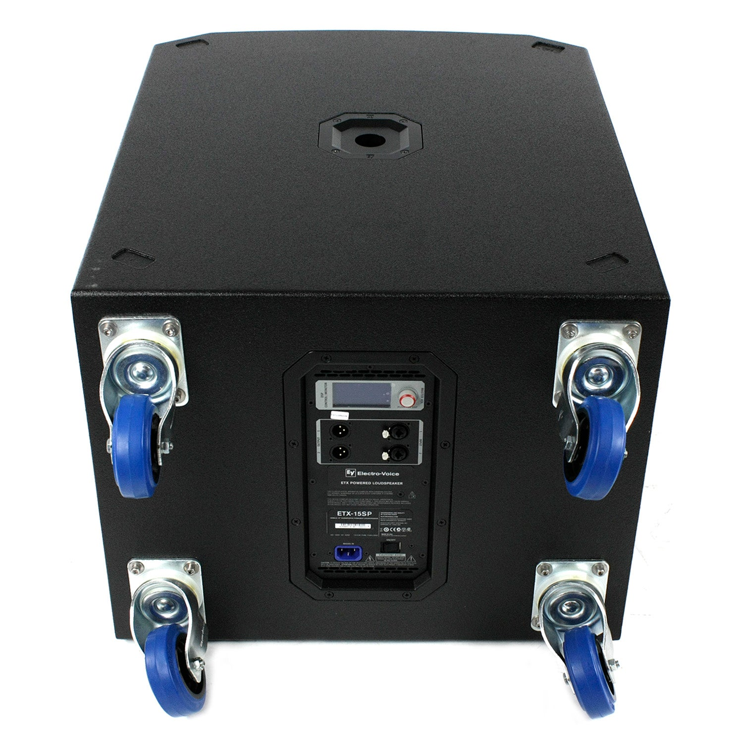 Black Electro-Voice ETX-15SP powered loudspeaker with four blue-wheeled casters.