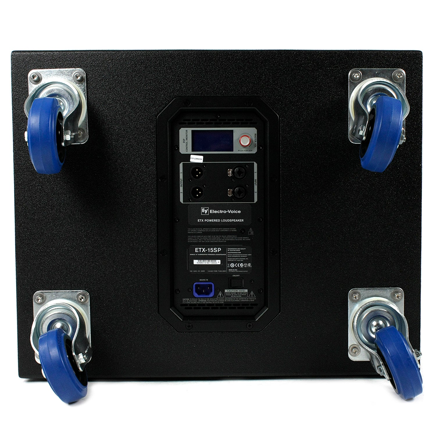 Back of black loudspeaker with four blue casters and connection panel.
