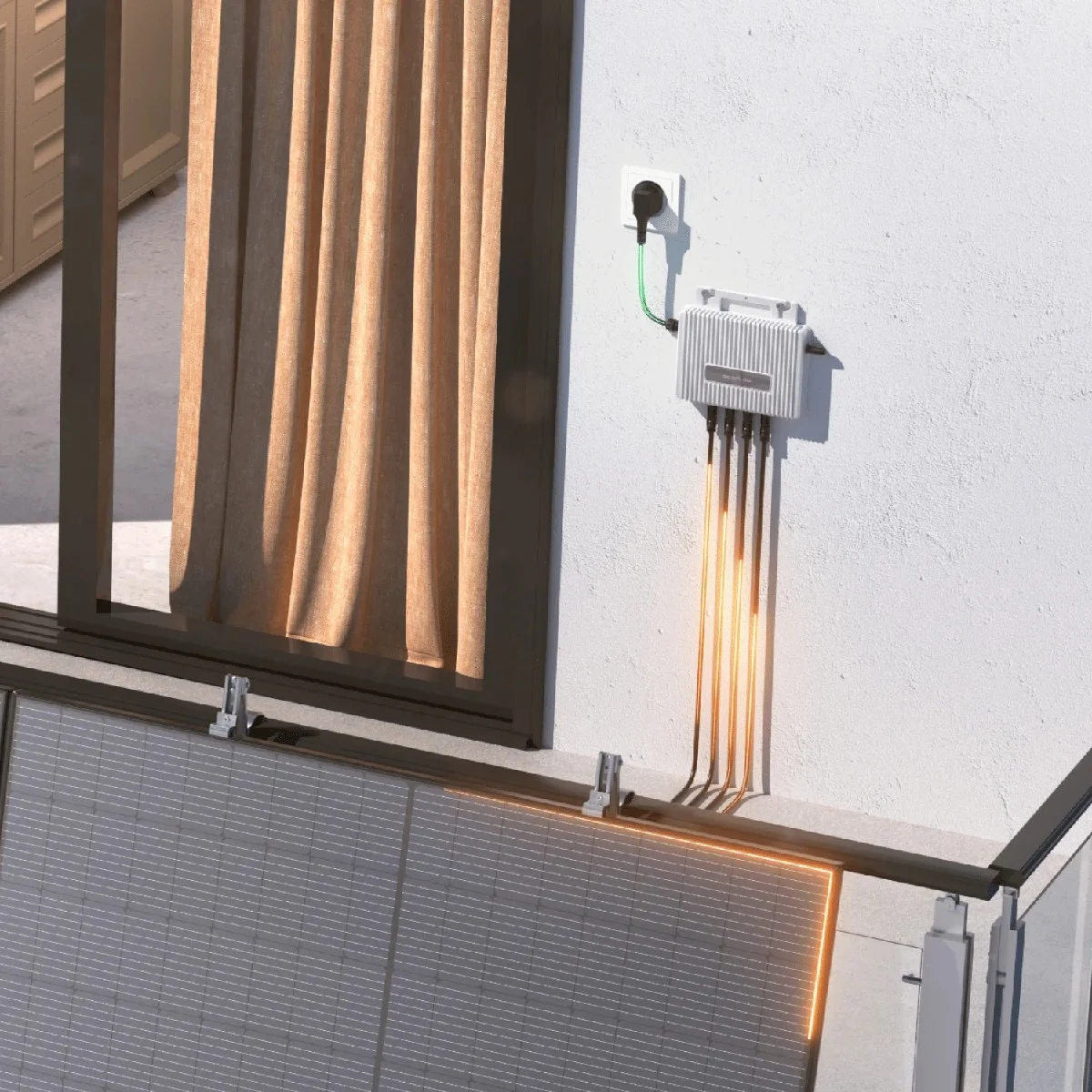 Ein weißes Gerät ist an der Wand montiert, Kabel führen nach unten zu Solarmodulen.