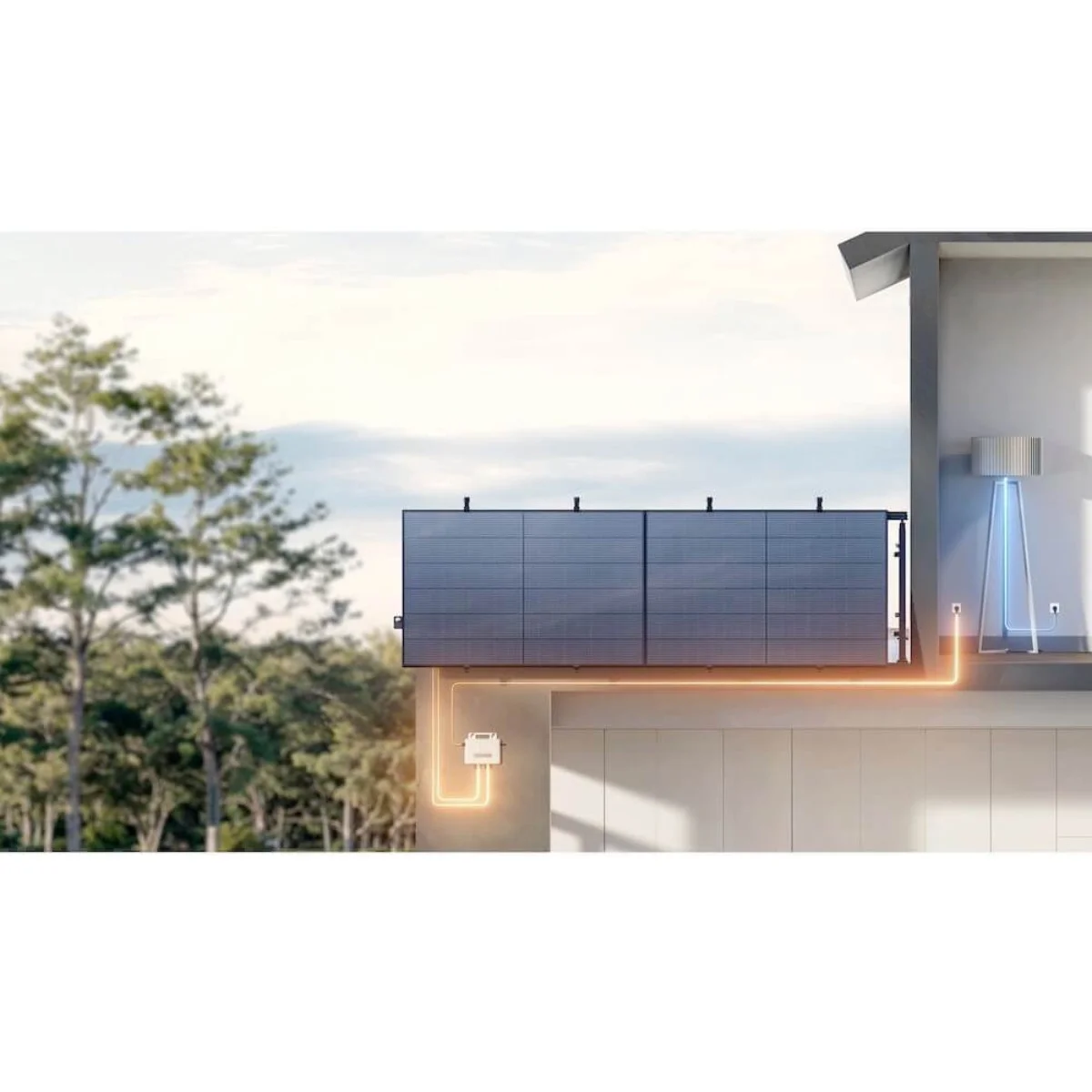 Solarmodule auf Hausdach, verbunden mit einem Stromkasten und einer Stehleuchte.