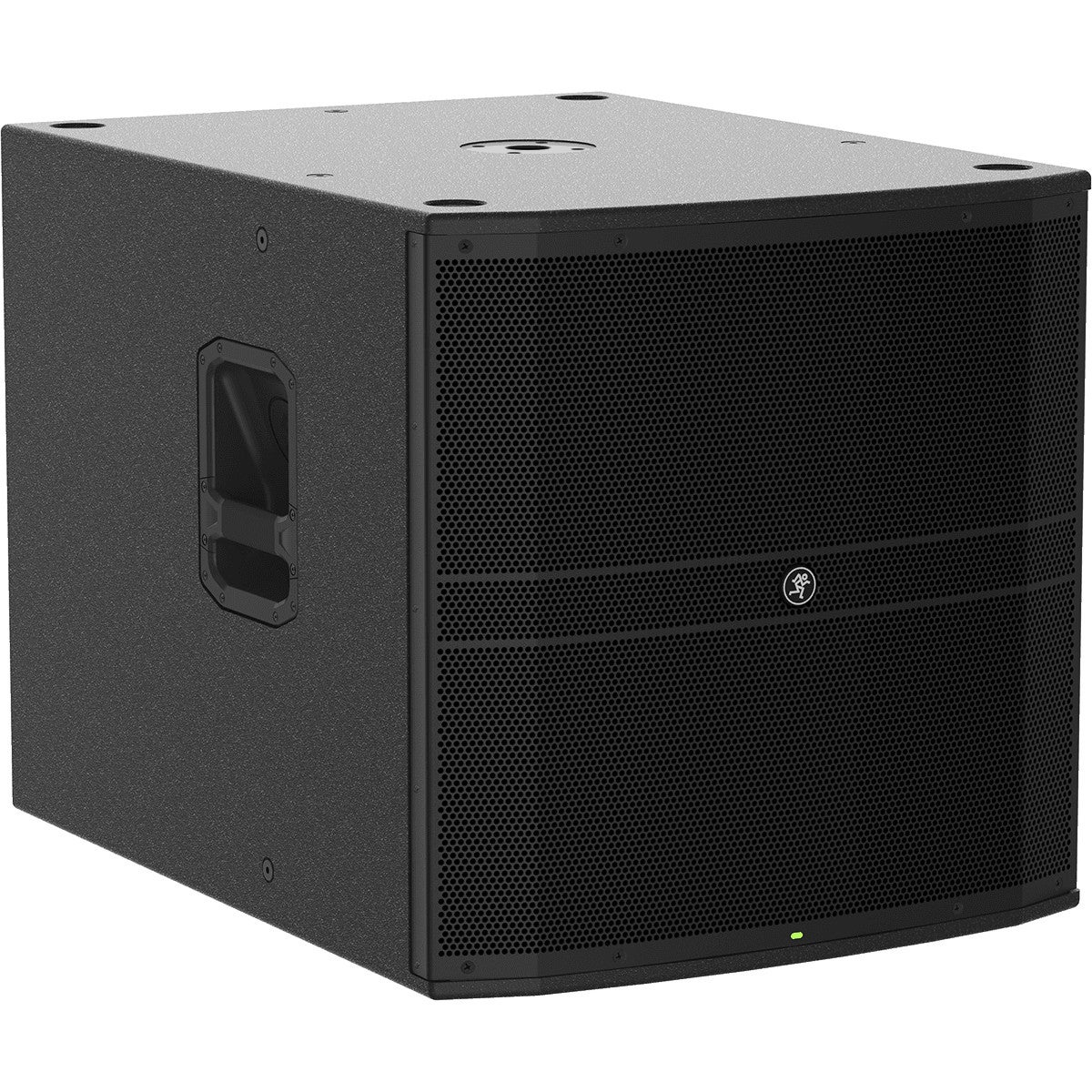 Black subwoofer speaker with metal grille and handles.