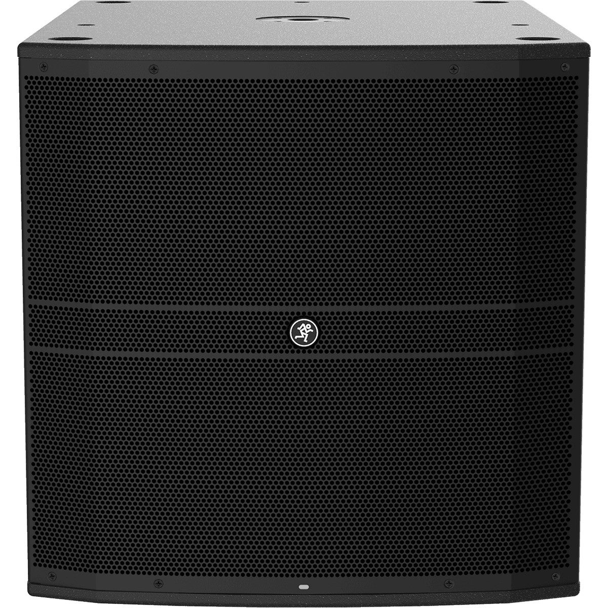 Black subwoofer speaker with grille and Mackie logo.