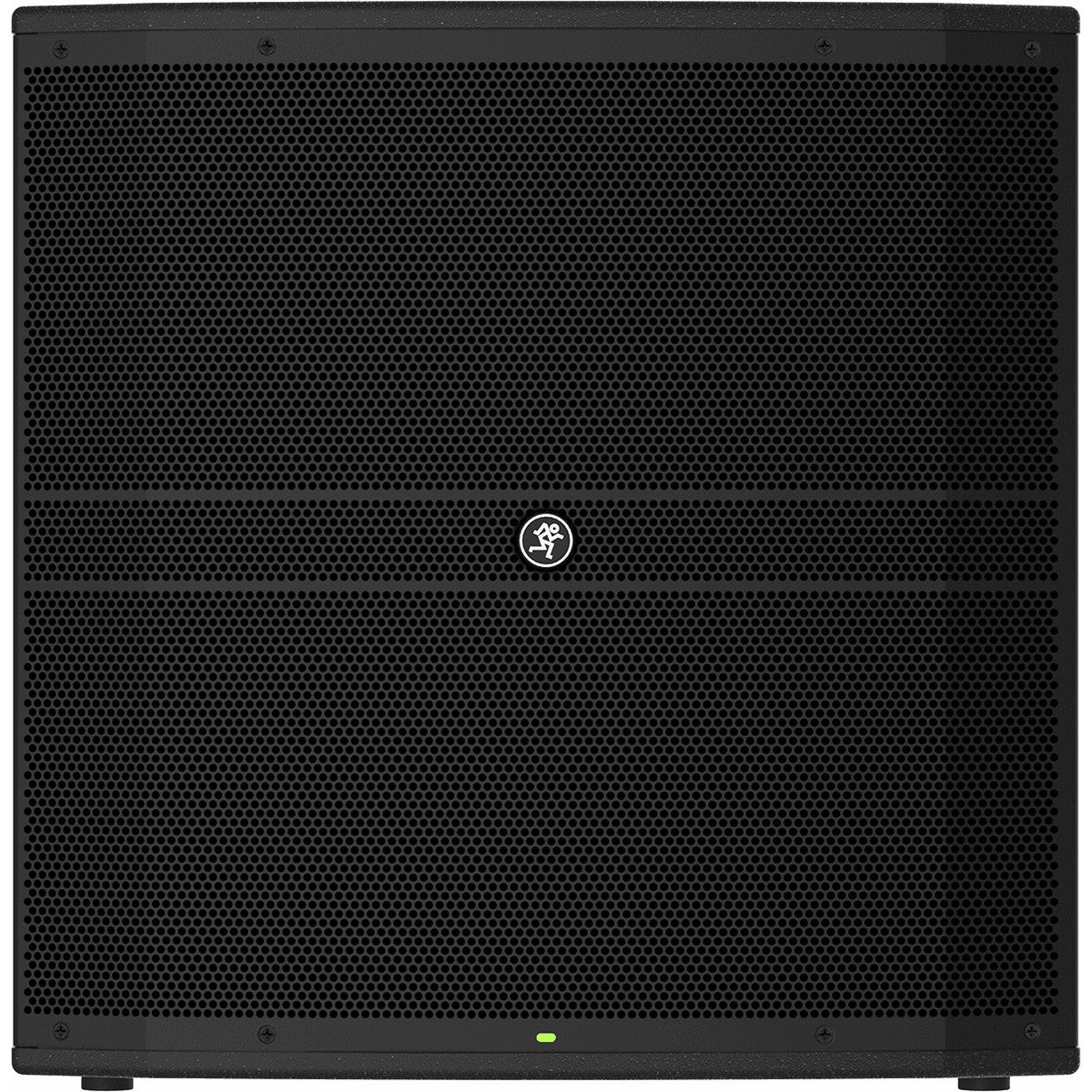 Black speaker with Mackie logo and a green LED indicator light.