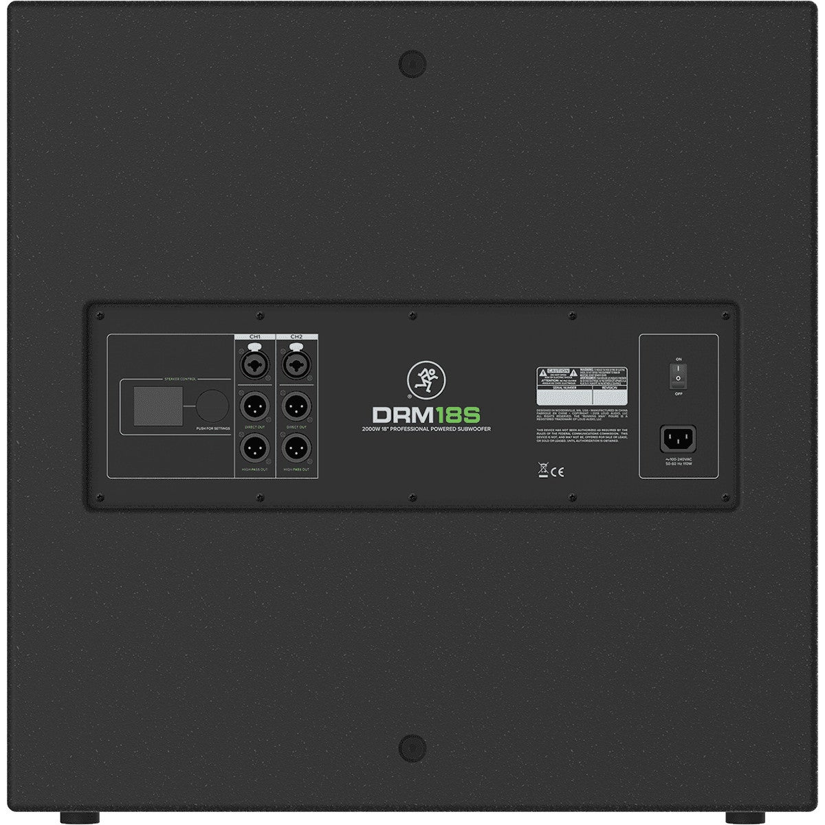Rear panel of a black subwoofer showing inputs, labels, and a power switch.