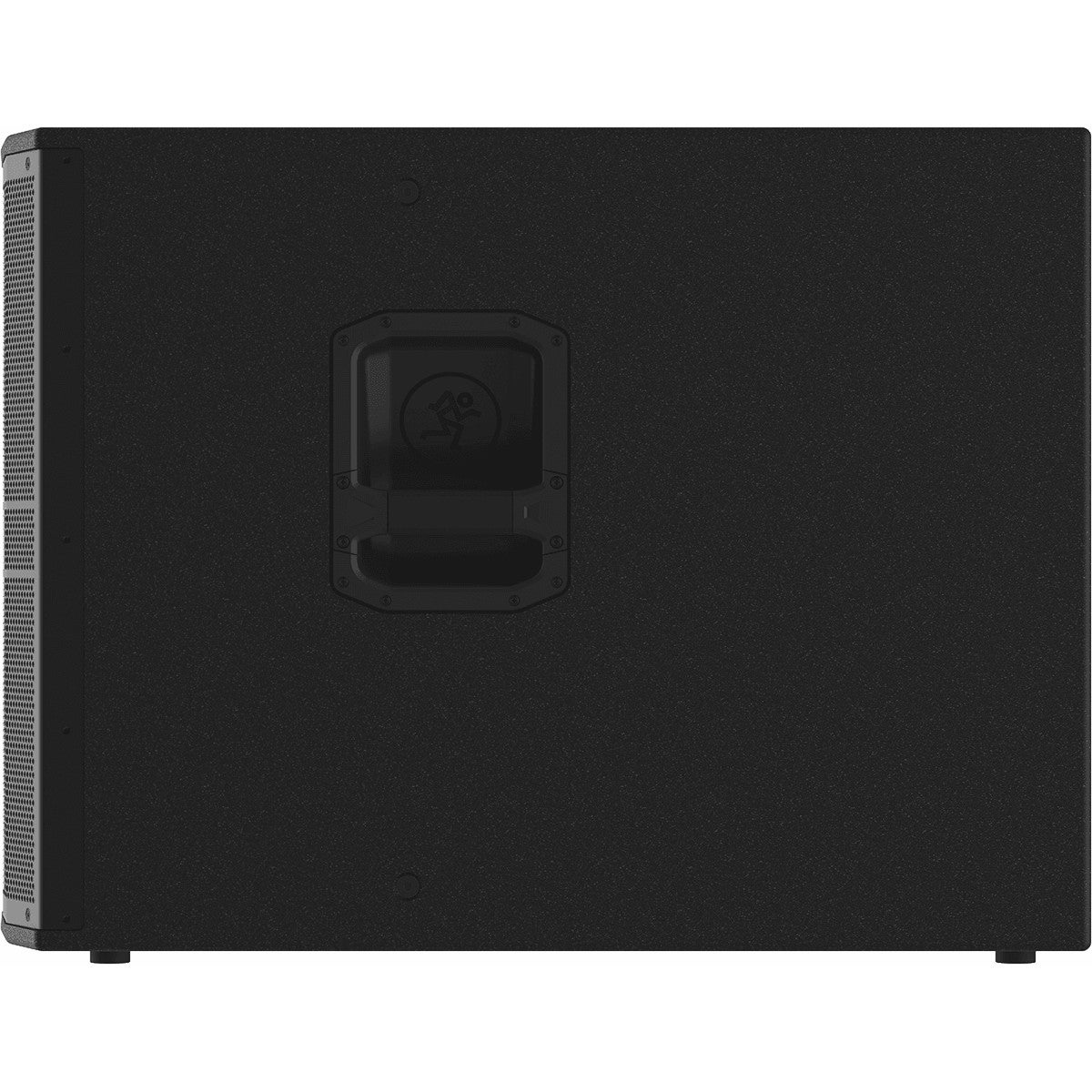 Black speaker with handle and logo in the center. Grille on the side.