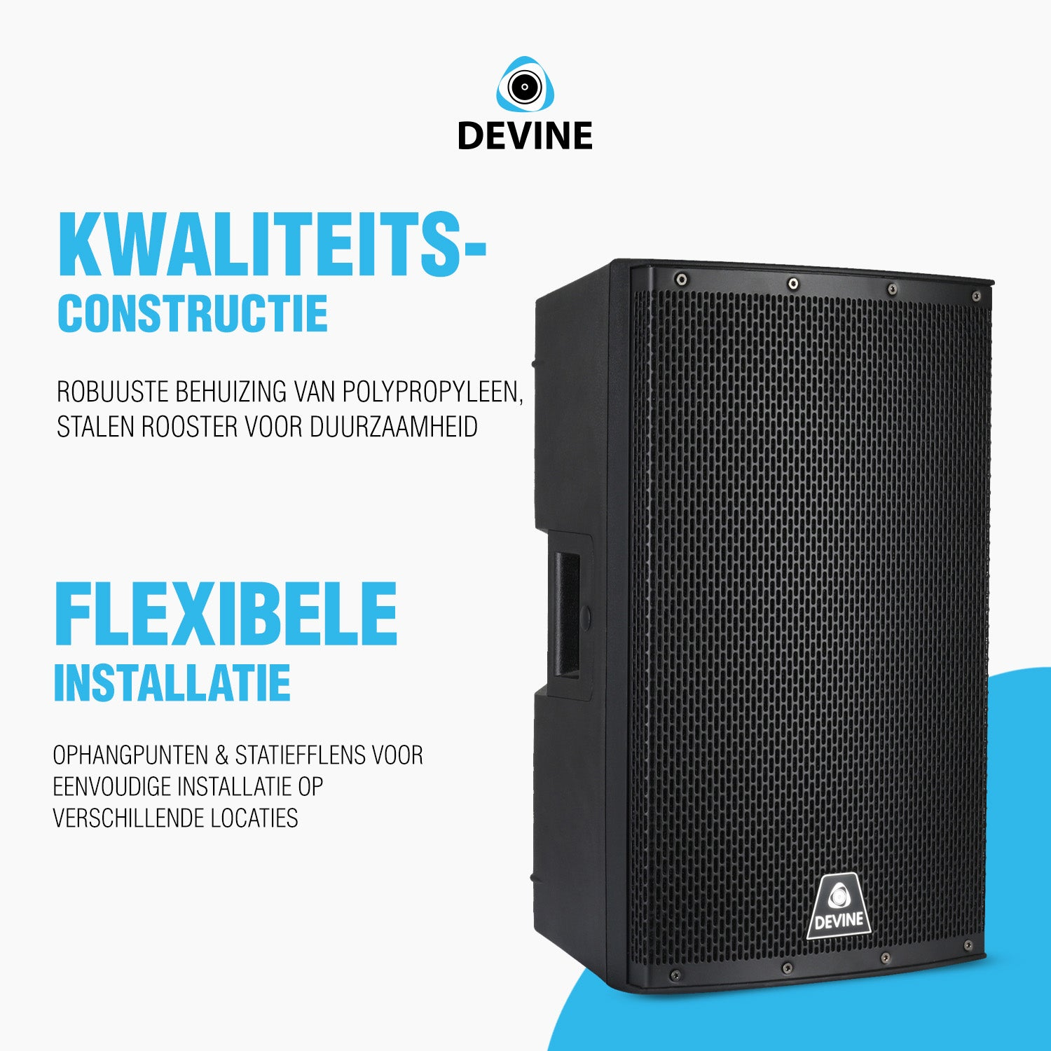 Zwarte luidspreker met DEVINE logo, stevige constructie en flexibele installatie.