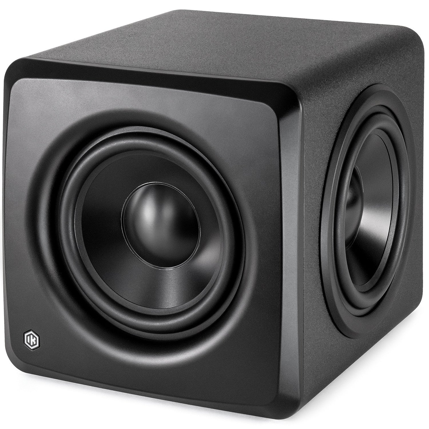 Altoparlante subwoofer nero con due driver, uno frontale e uno laterale.