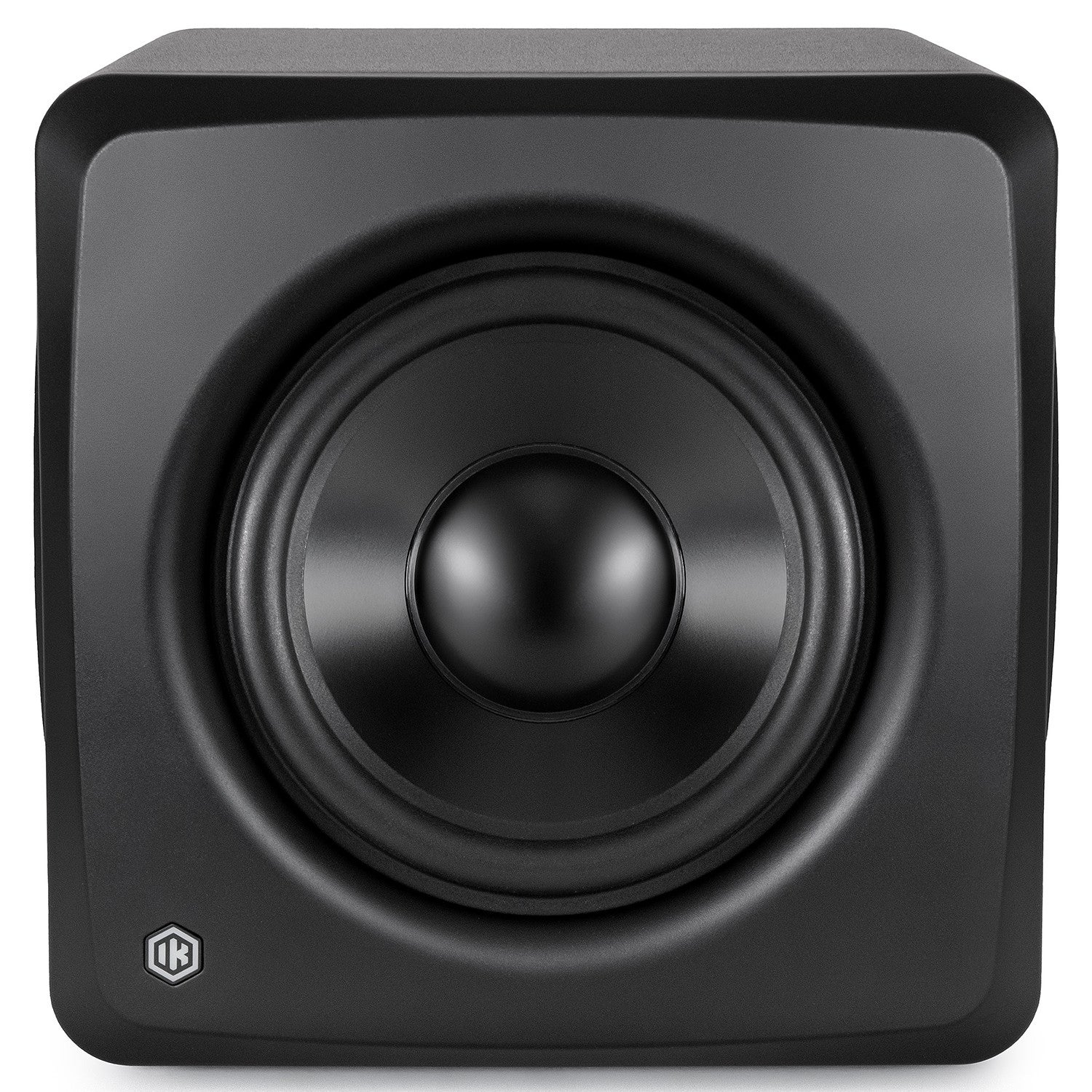 Un altoparlante subwoofer nero con cono rotondo e logo.