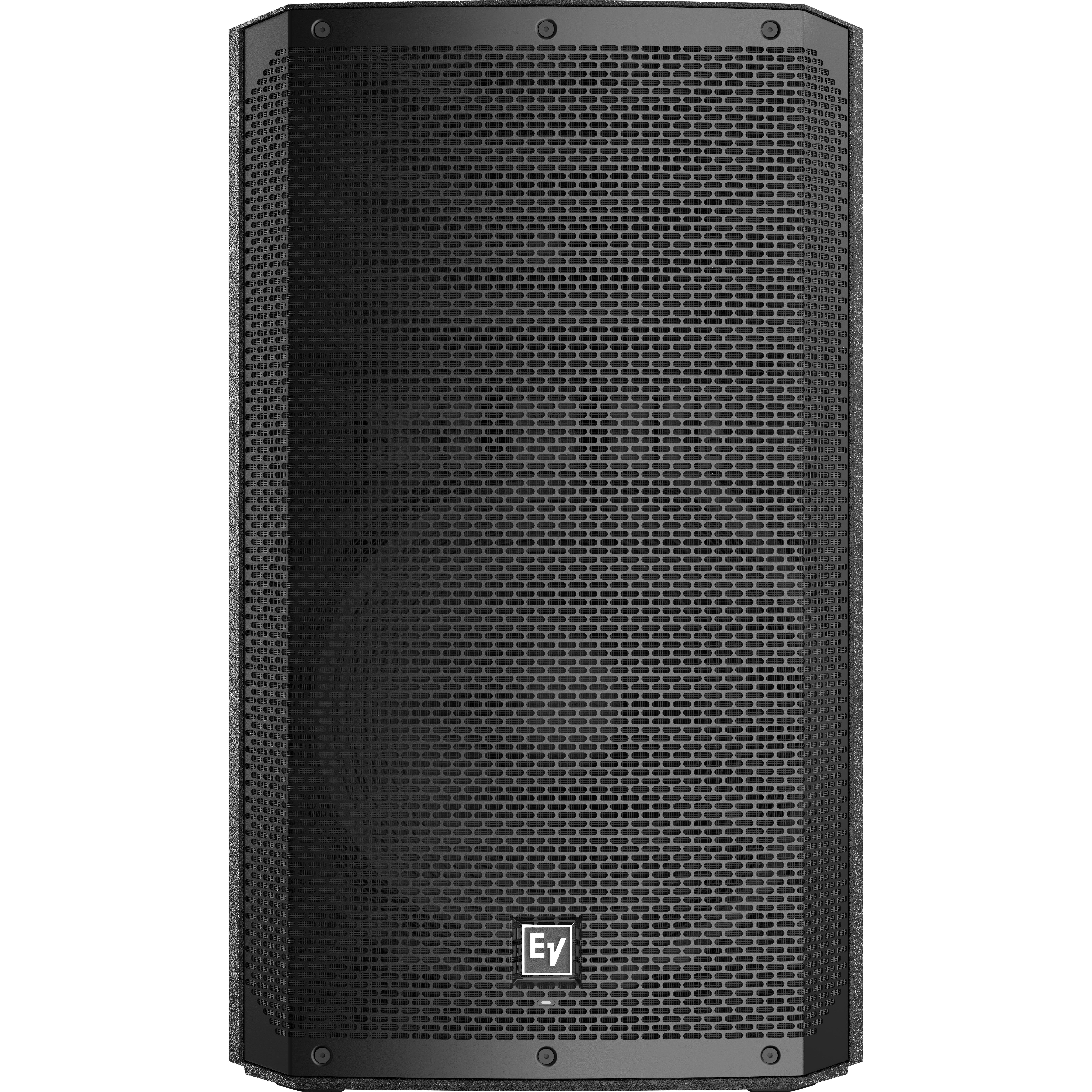 Black speaker with a grille pattern and an EV logo.