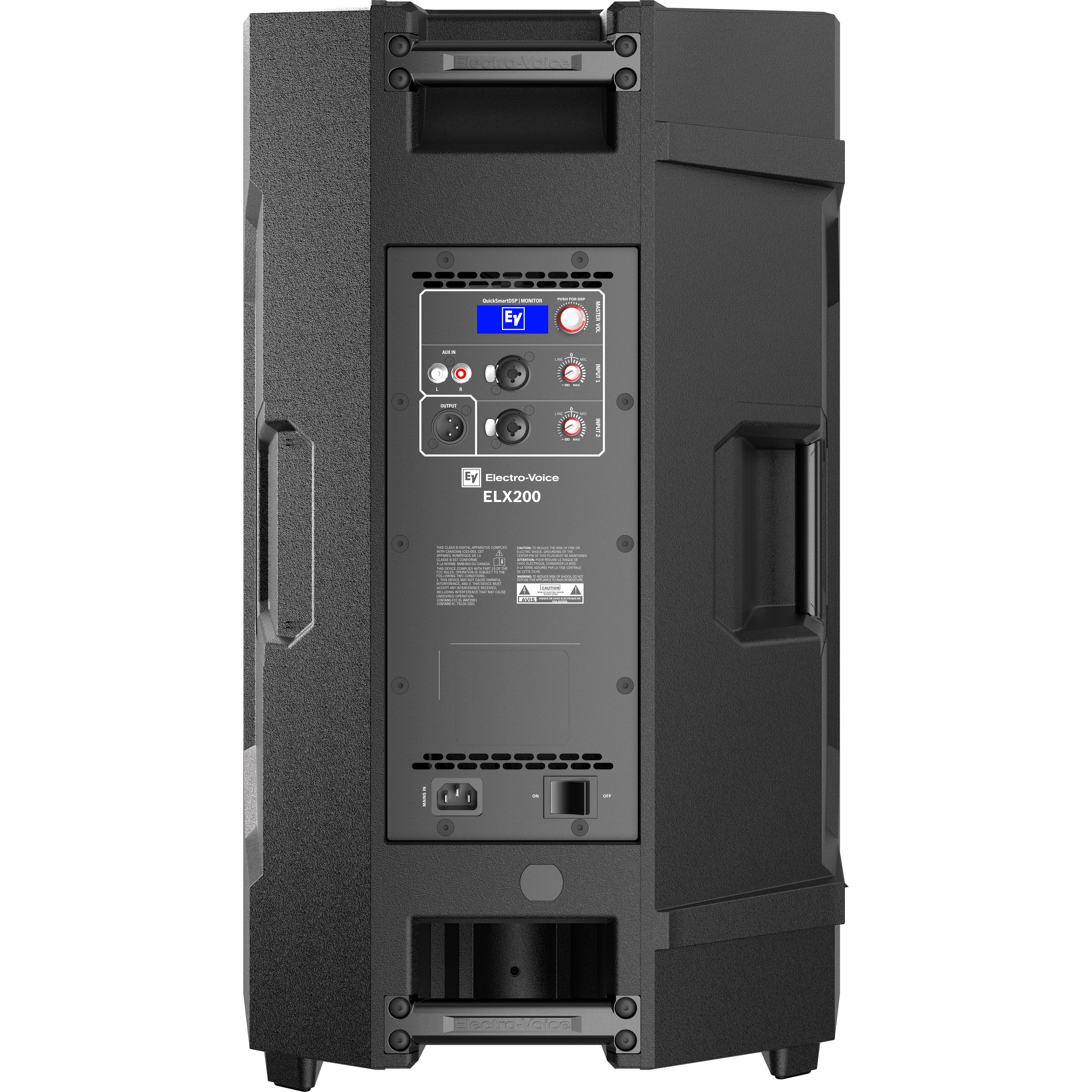 Rear view of a black Electro-Voice ELX200 speaker with connections.