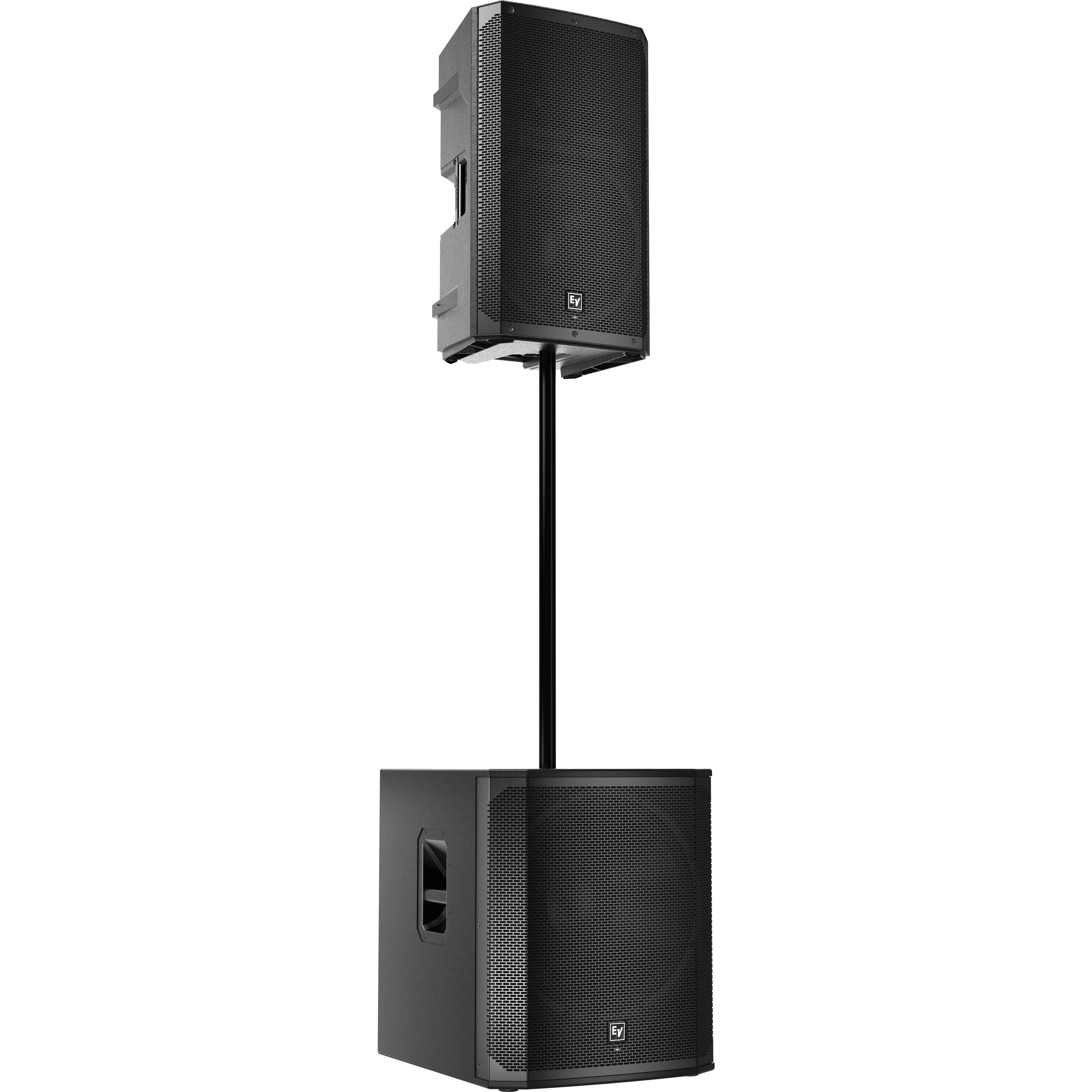 A black subwoofer on the floor supports a tall speaker on a pole.