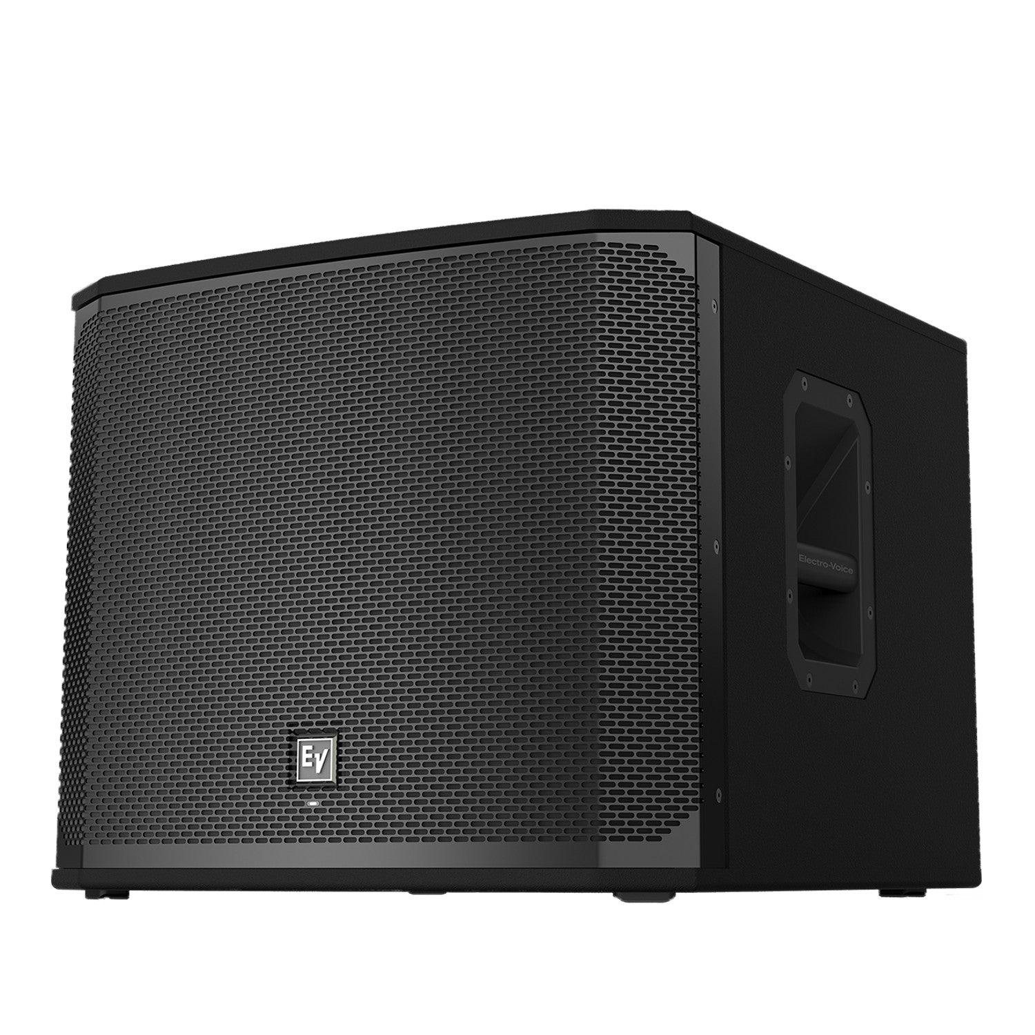 Black speaker with grille front and side handle. Electro-Voice logo.