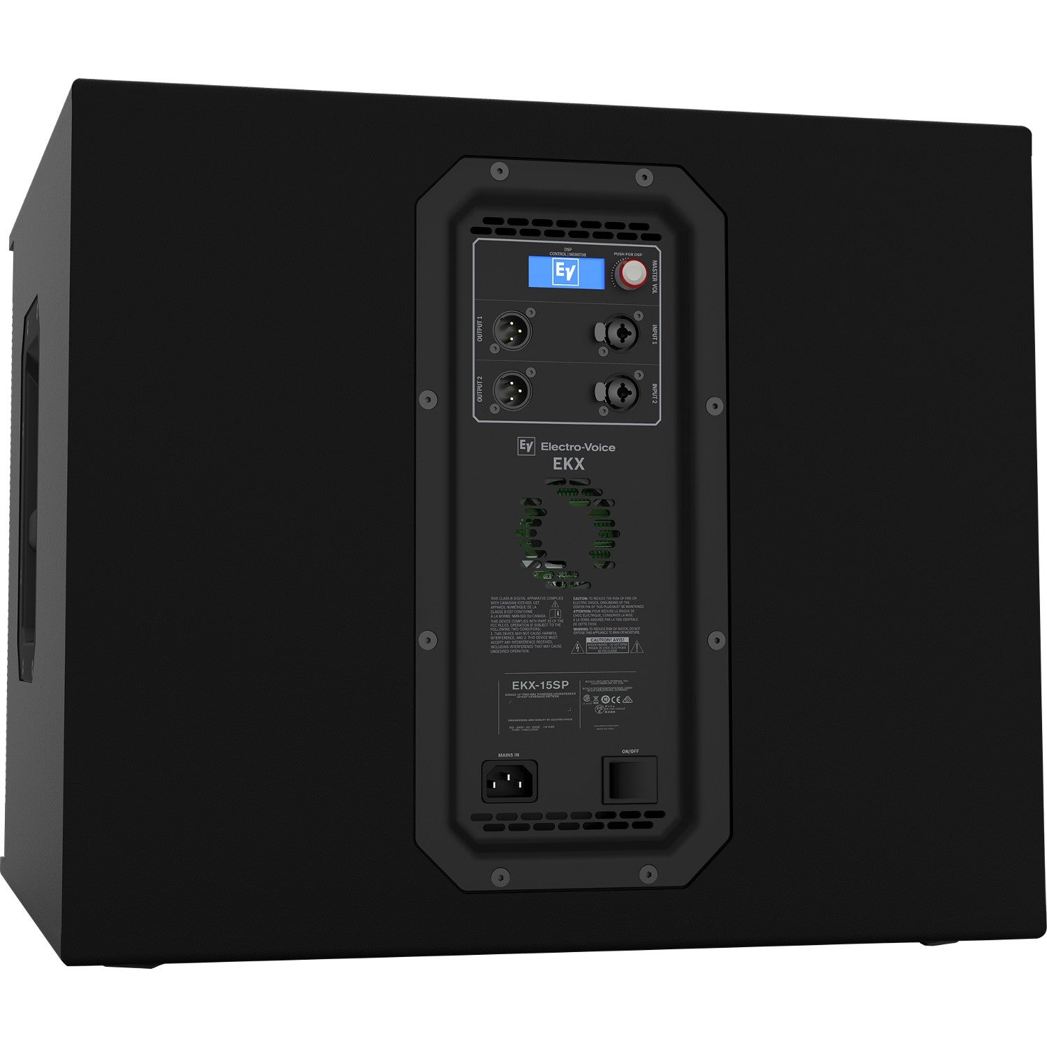 Back panel of a black Electro-Voice EKX-15SP subwoofer with inputs, outputs, and controls.