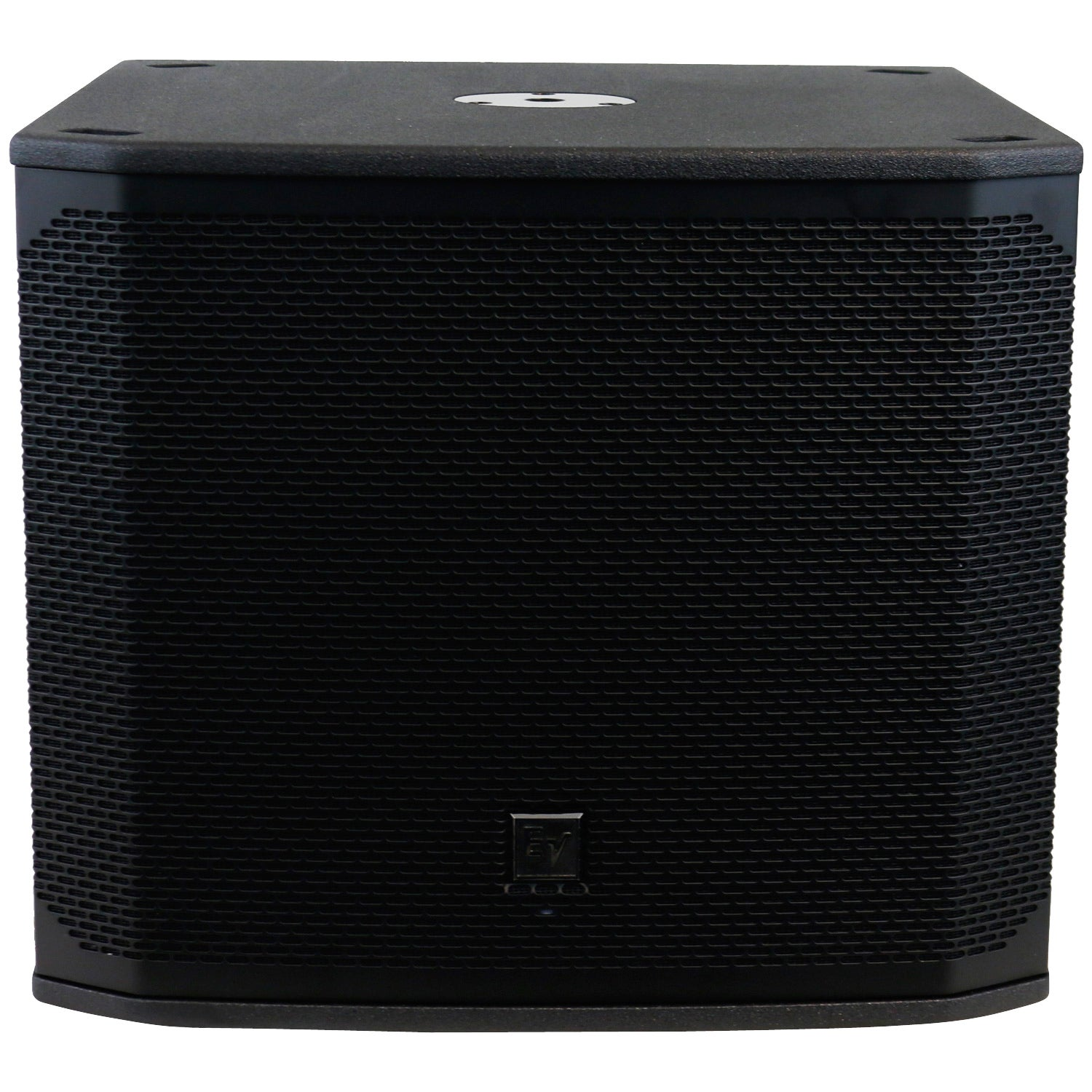 Black subwoofer with a grille front and an EV logo.