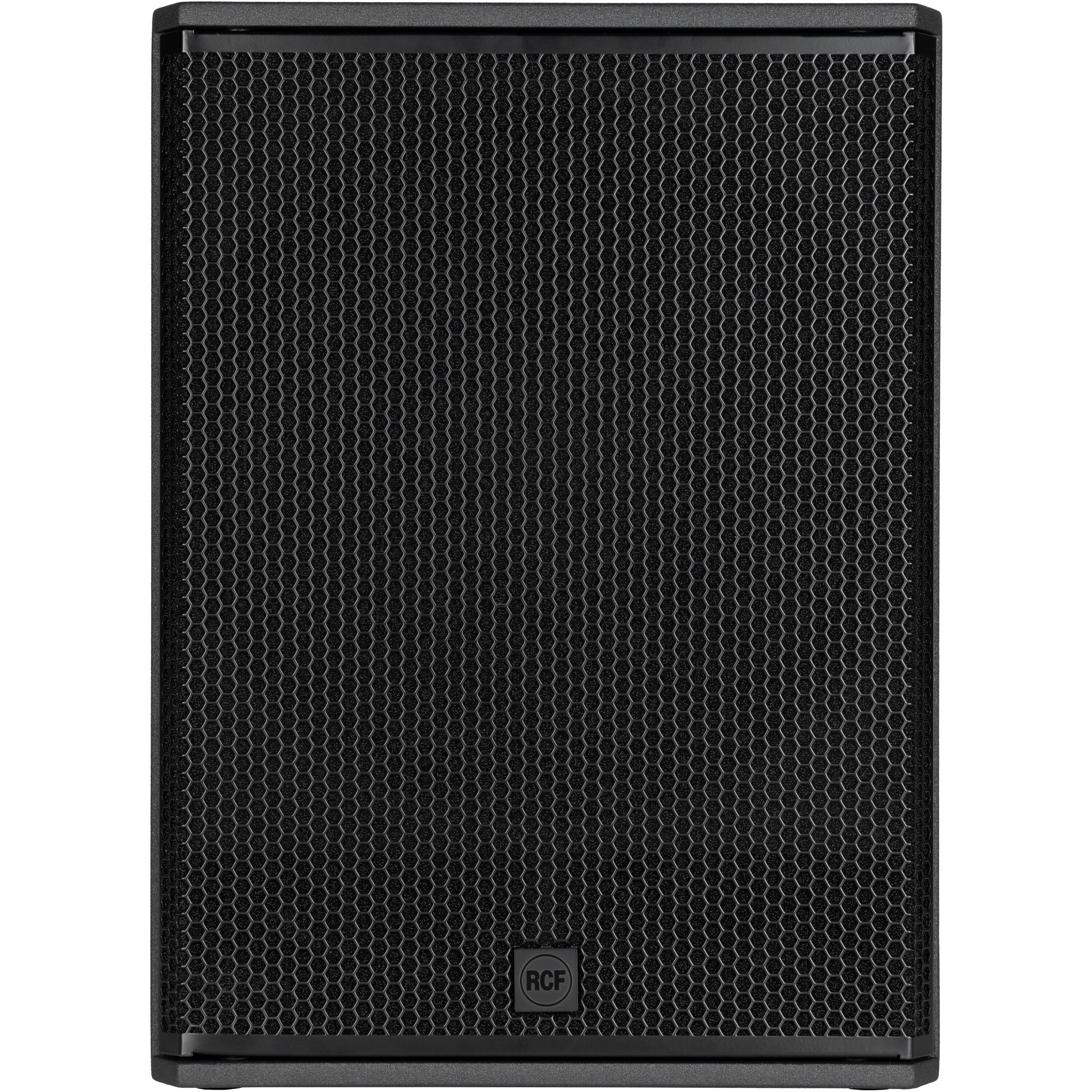 Black speaker with honeycomb grille and RCF logo.